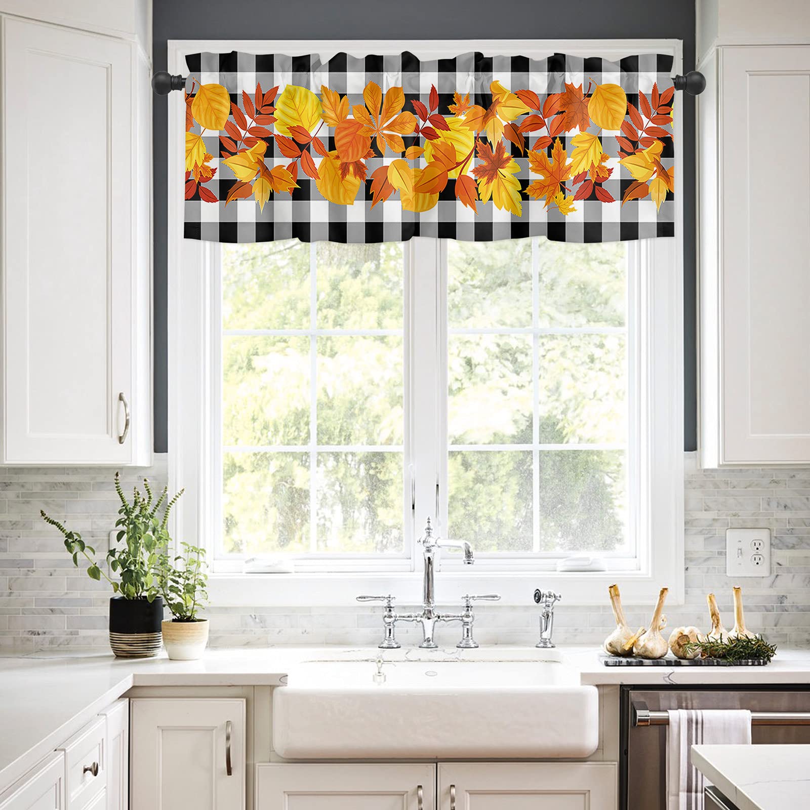 Thanksgiving Kitchen Curtains Set - Autumn Maple Leaf & Black Buffalo Plaid Rod Pocket Tier Curtains 24