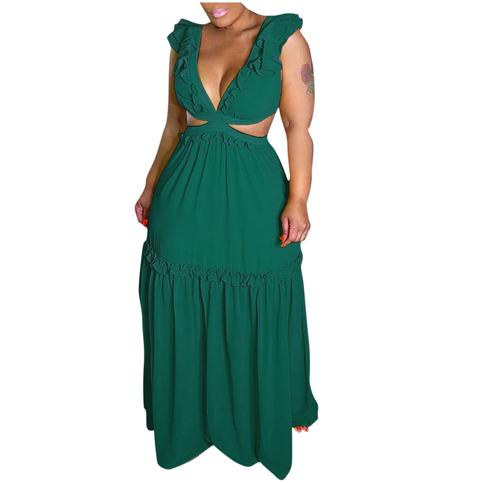 bmkBWO Women's Sexy Wedding Guest Dress - Strappy V-Neck Cutout Party Maxi Dress in Solid Colors, Elegant Ruffle Long Gown for Bridesmaid, Evening Party, Prom & Formal Events
