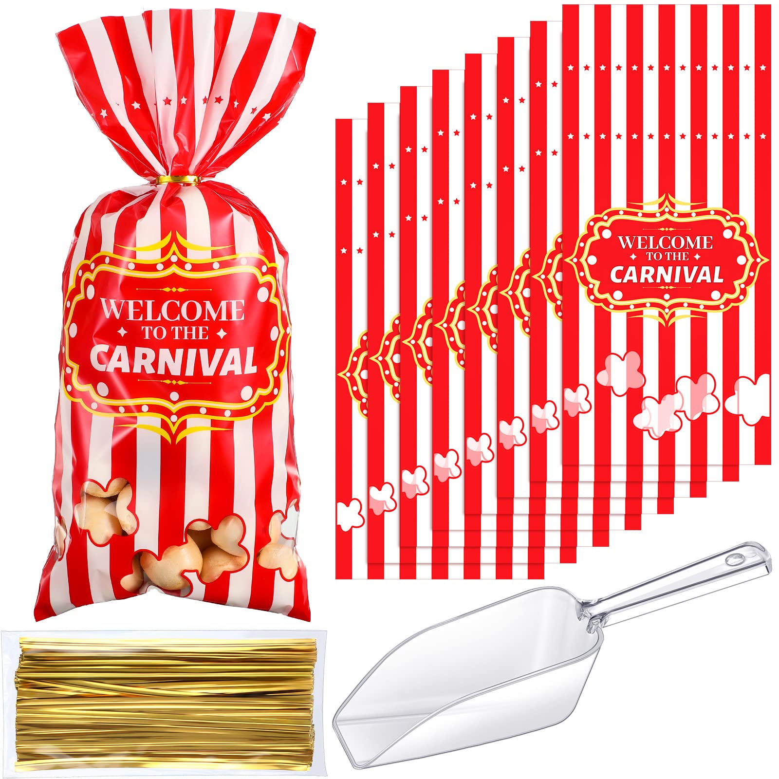 100 Pieces Carnival Candy Bags with Scoop - Red & White Plastic Treat Bags for Circus Party Favors, Popcorn, Cookies - Includes 100 Gold Twisted Ties - Perfect for Birthday Parties, School Events & Halloween Treats