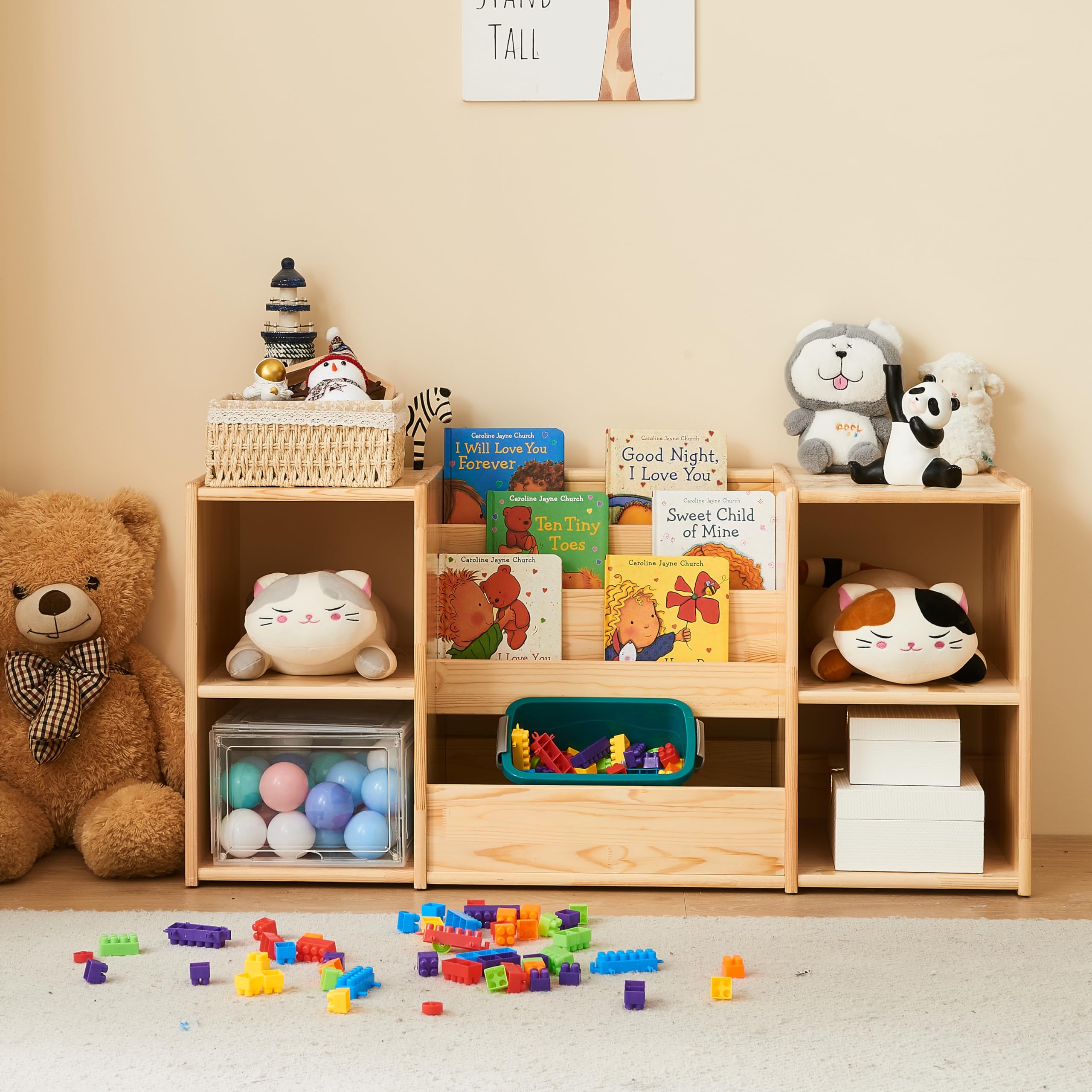 Montessori Bookshelf and Toy Storage Organizer - 3-Section Kids Bookcase with 2 Shelves, Natural Wood Toy Cabinet for Nursery & Playroom - Perfect for Organizing Children's Books, Toys, and Learning Materials
