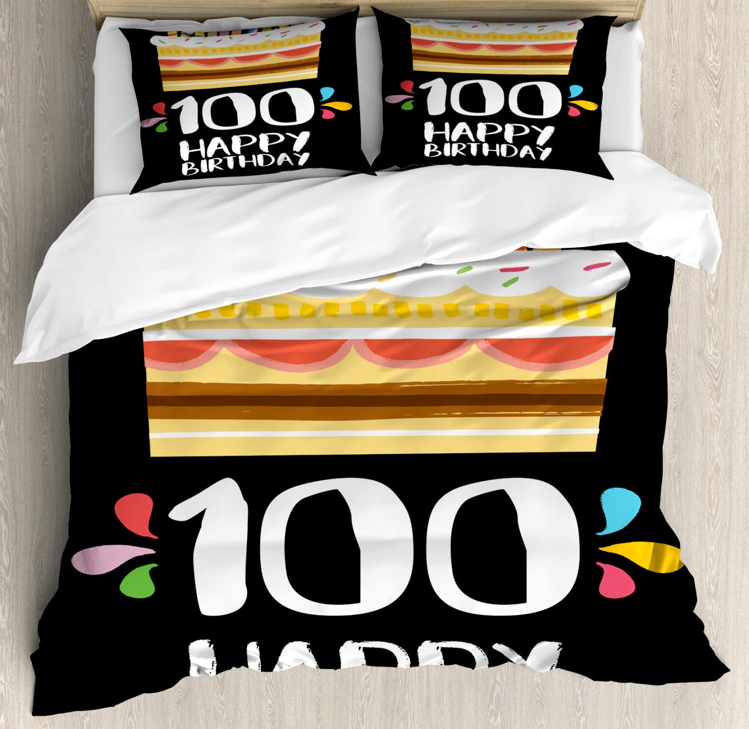 Ambesonne 100th Birthday Duvet Cover Set - Old Legacy 100 Birthday Party Theme with Cake & Candles on Black Backdrop - 3 Piece Bedding Set Includes 2 Pillow Shams - California King Size Multicolor - Perfect for Milestone Celebrations & Themed Bedroom Decor