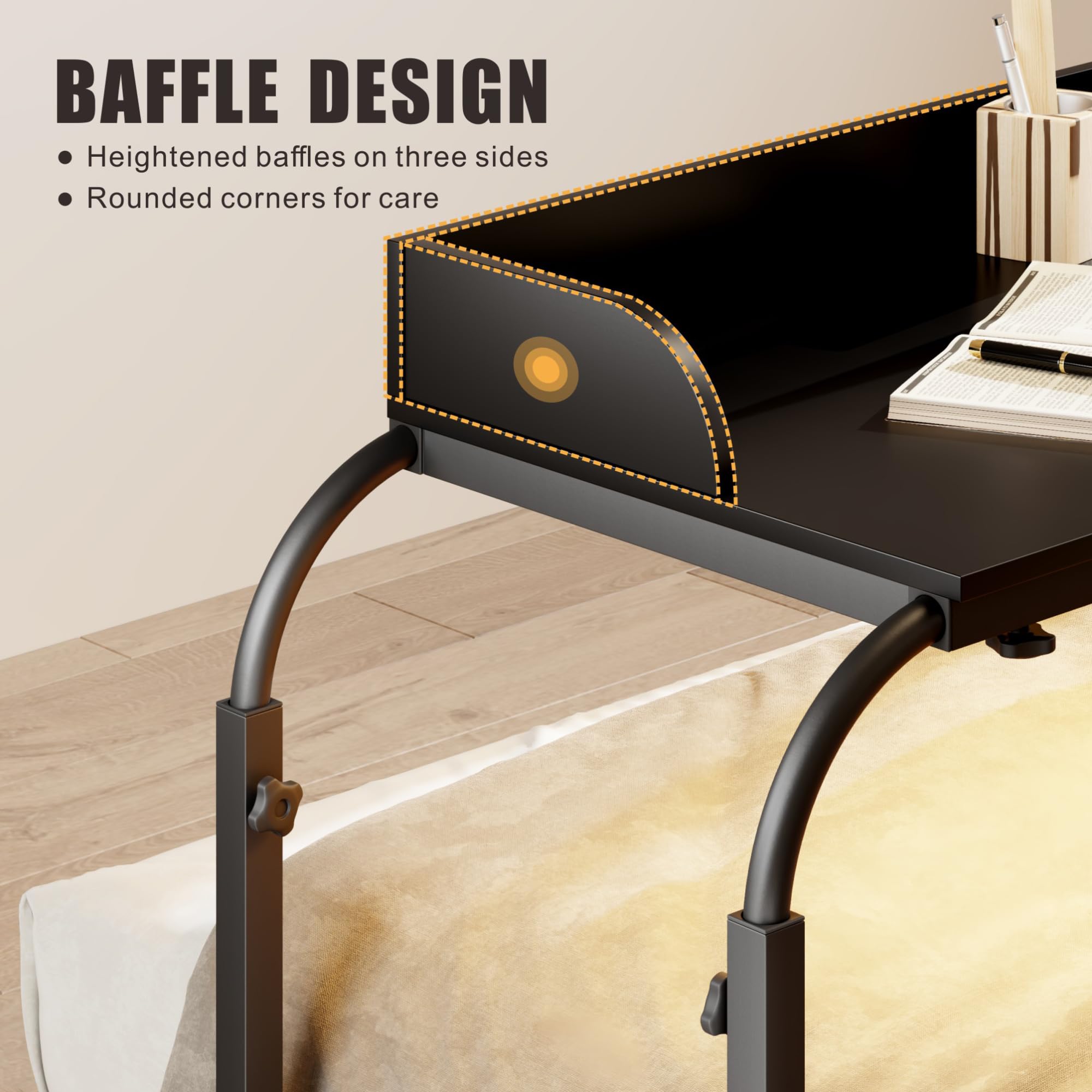 Auto-Sensor LED Over Bed Desk with Wheels - Adjustable Height Rolling Tray Table with Charging Station - Side Table for Laptop, Writing & Living Room Use - Perfect for Home Office, Bedroom & Small Spaces (Black)