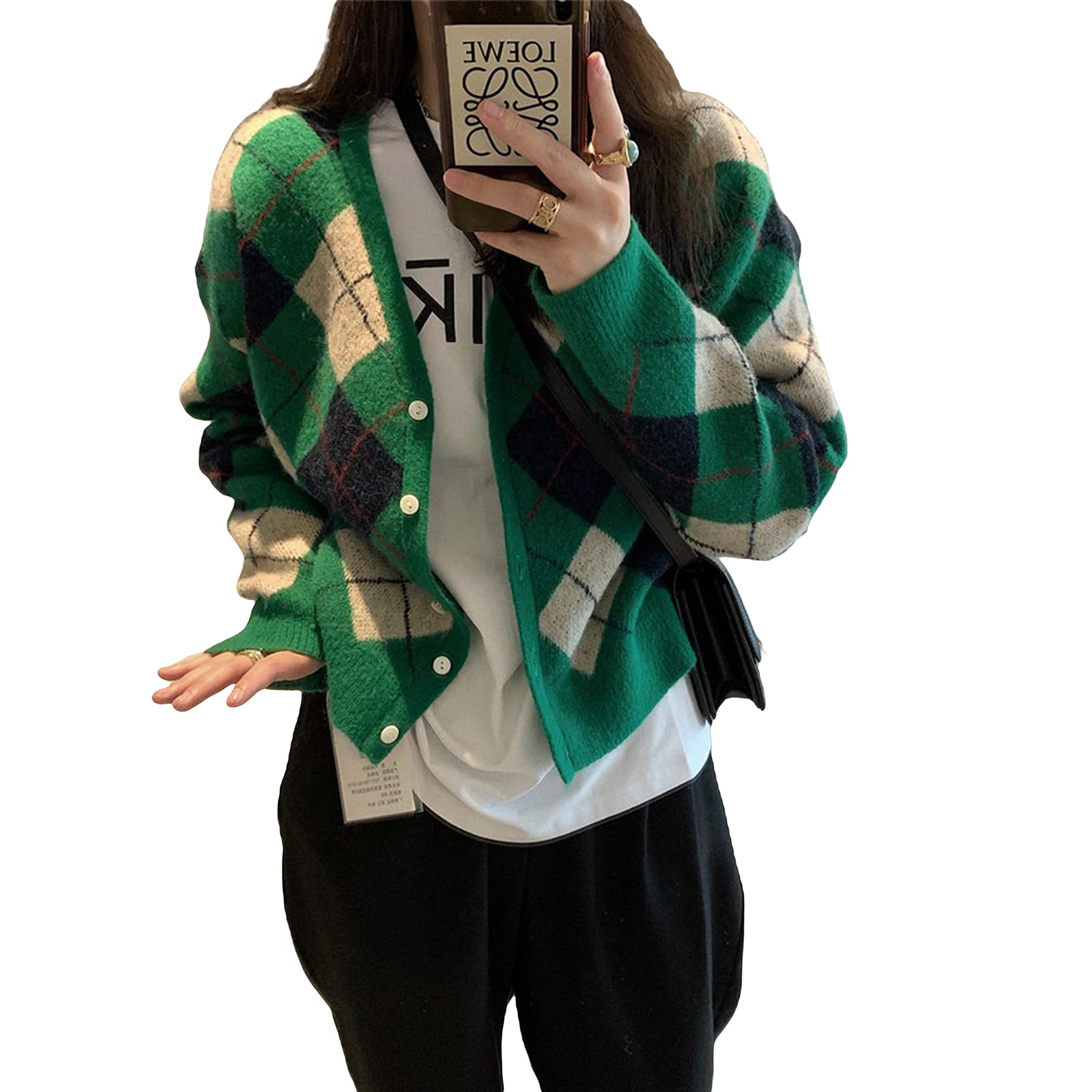 Women's Diamond Plaid V-Neck Cardigan Sweater - Casual Loose Fit Button Down Long Sleeve Knit Jacket Top | Y2K Streetwear Fashion for Fall Layering & Office Outfits