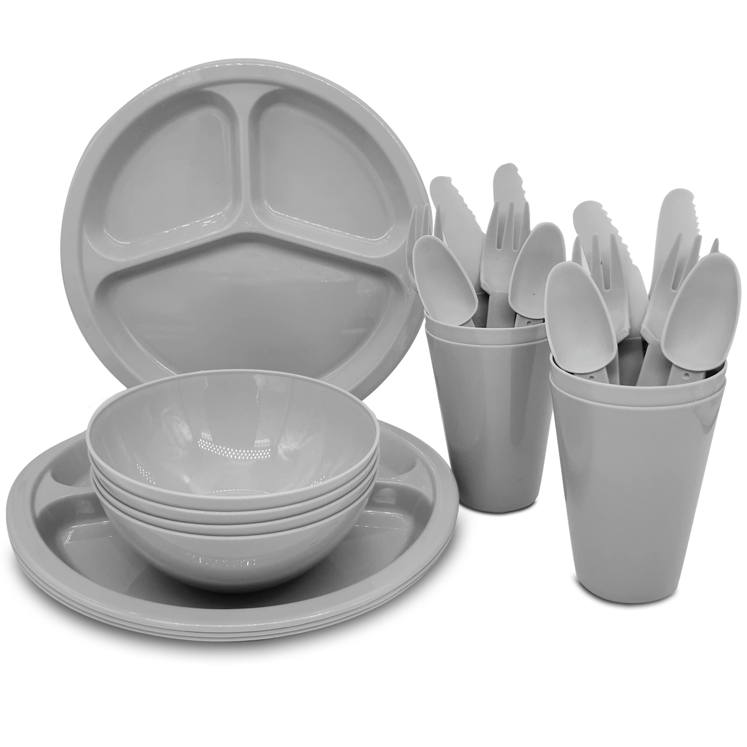 BPA-Free 24-Piece Plastic Plates & Bowls Set - Durable Dinnerware for College Dorms, Camping, Picnics & Outdoor Adventures | Includes Convenient Mesh Storage Bag