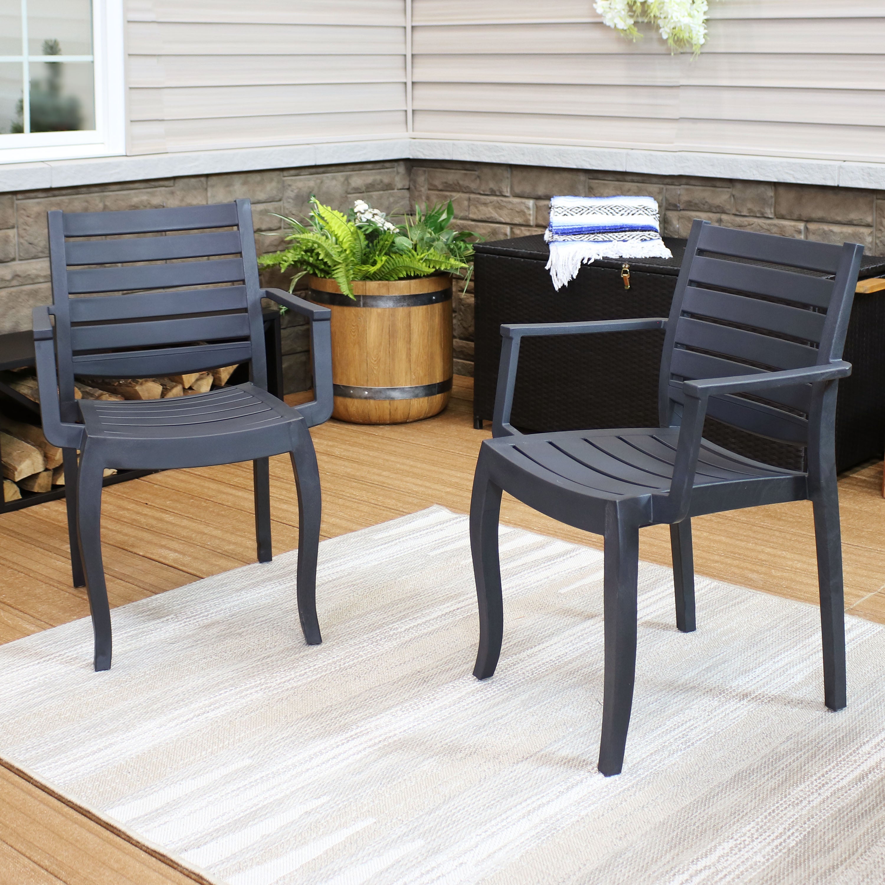Sunnydaze Illias Plastic Outdoor Dining Armchair - Weather-Resistant Patio Furniture for Garden, Poolside, and Backyard Dining - Comfortable & Durable Outdoor Seating