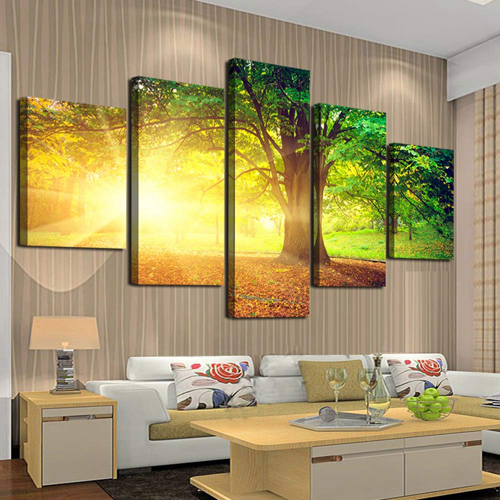 5-Panel Sunset Trees Canvas Wall Art - Framed Forest Print for Bedroom & Office Decor