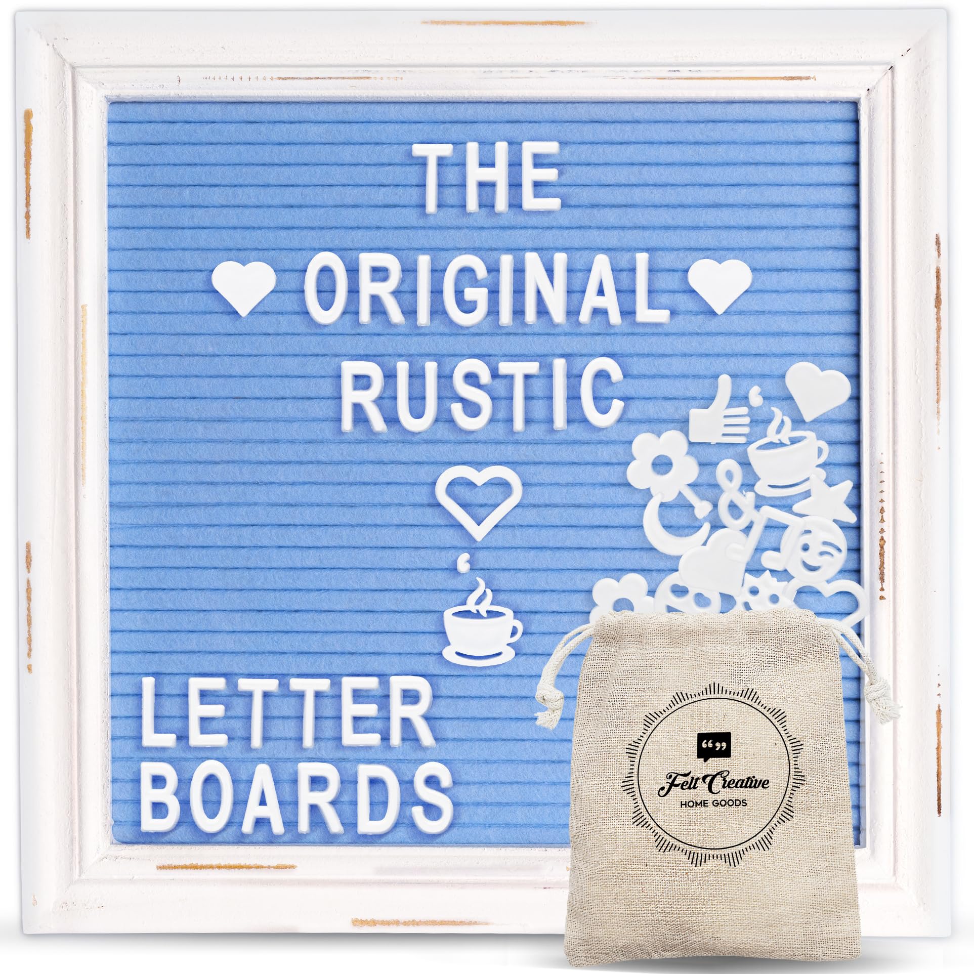 Blue Felt Letter Board with Rustic Wood White Frame - 10x10 Changeable Message Board for Baby Announcements, Rustic Farmhouse Decor - Includes 350 Letter Set & Stand - Perfect for Nursery Decor, Wedding Signs, and Home Office Organization