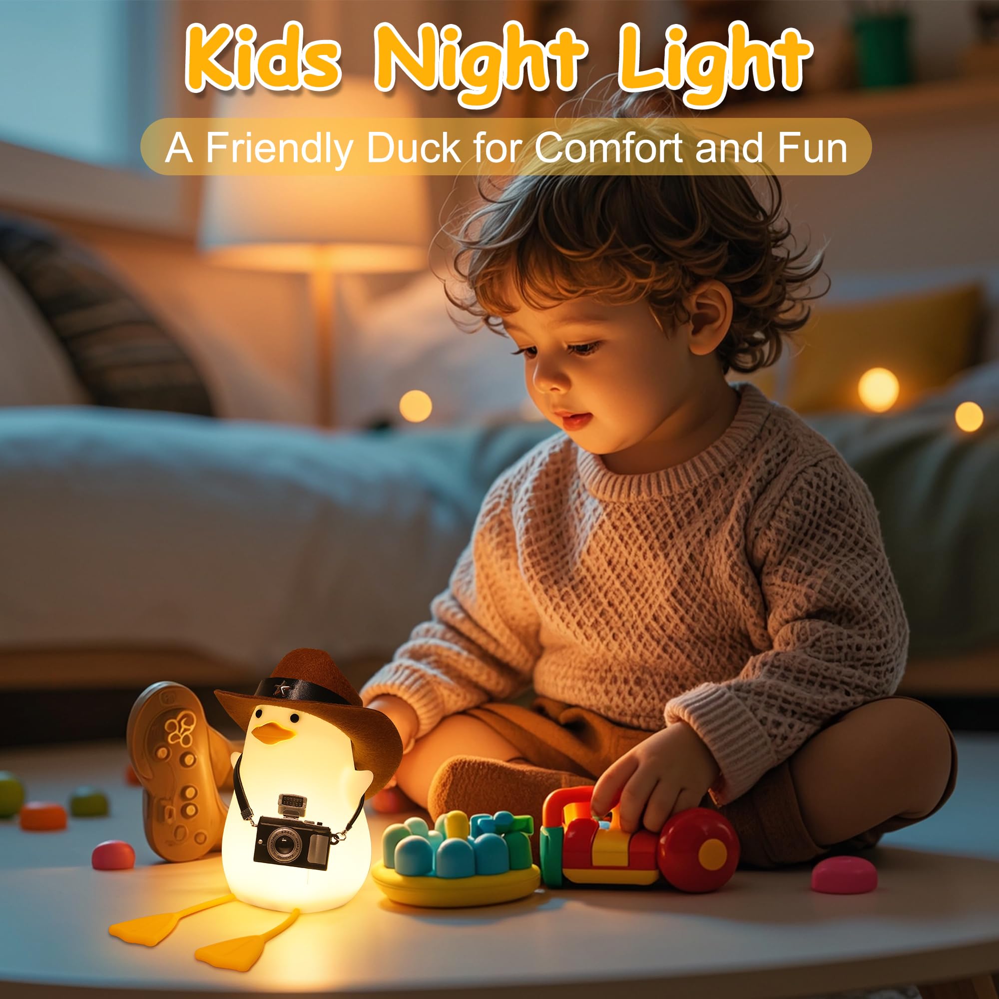 Cute Squishy Duck Night Light with Dimmer, Timer & Rechargeable - Funny Cowboy Duck Lamp for Bedside, Nursery & Room Decor - Perfect Duck Gift for Girls, Boys, Women & Kids - Ideal for Bedtime, Night Feedings & Cozy Ambiance