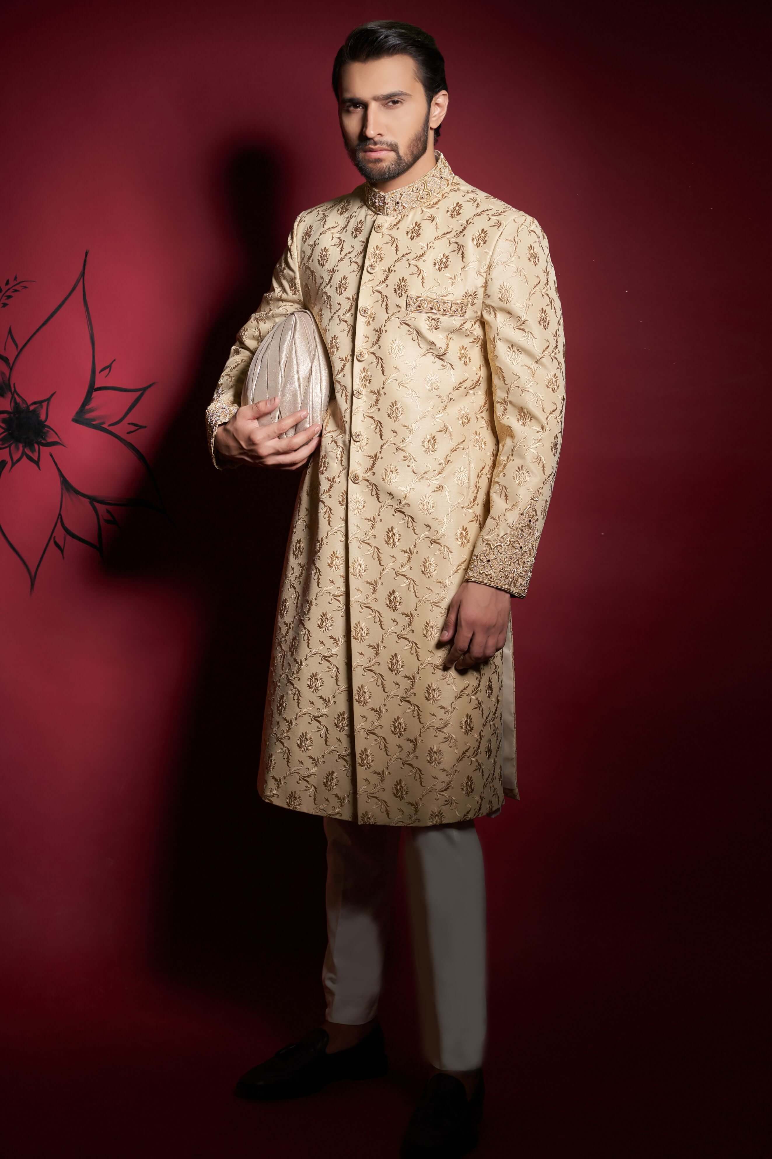 Elegant Light Gold Embroidered Sherwani Set for Men | Traditional Indian Wedding Attire | Perfect for Grooms, Festivals & Special Occasions
