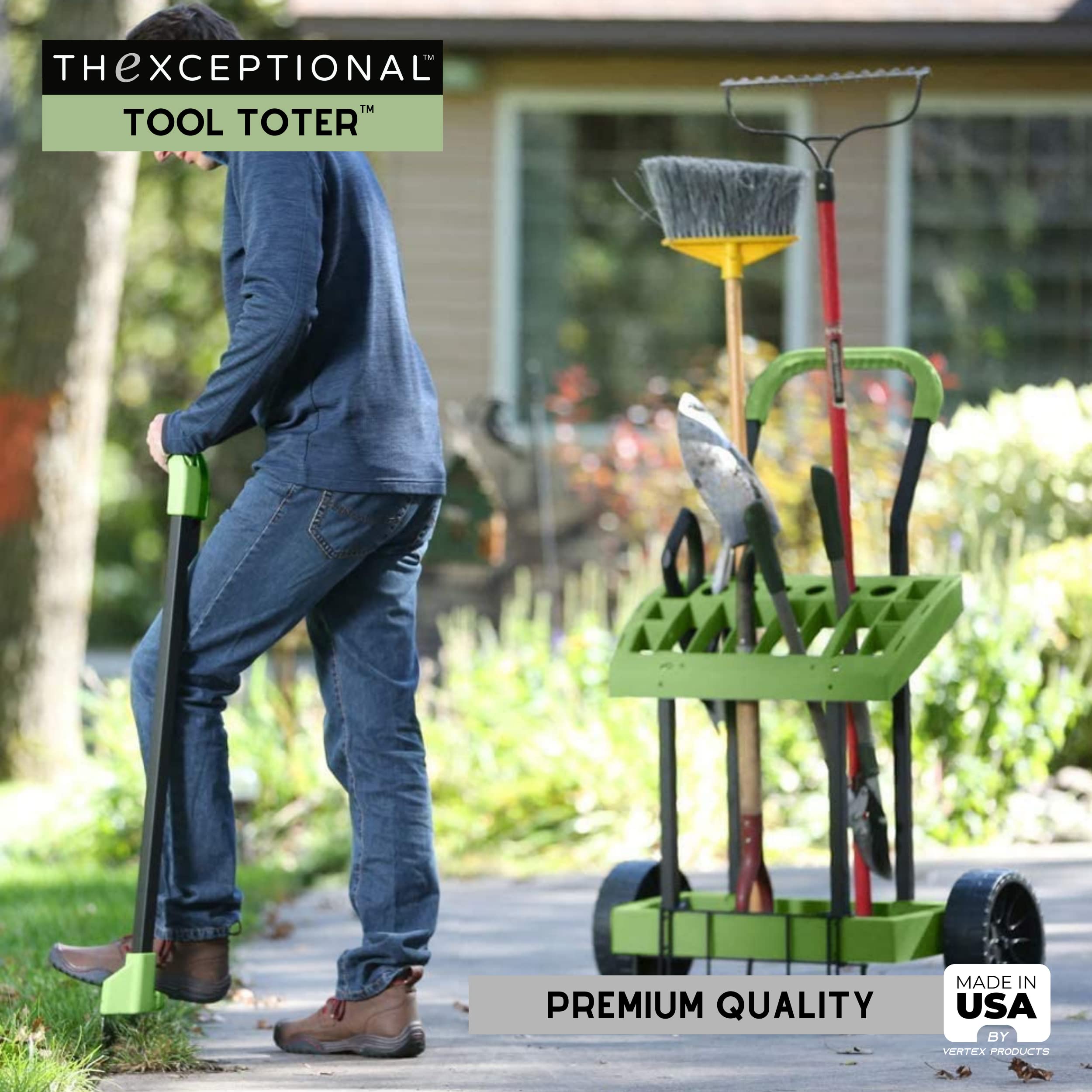 Vertex EX630 Rolling Tool Cart with Load Toter Lift Plate - Heavy Duty Garden Utility Wagon for Rakes, Shovels & Hoes - Mobile Storage & Organization Solution for Gardeners, Landscapers & DIYers - Perfect for Yard Work, Farm Use & Outdoor Projects - Made in USA
