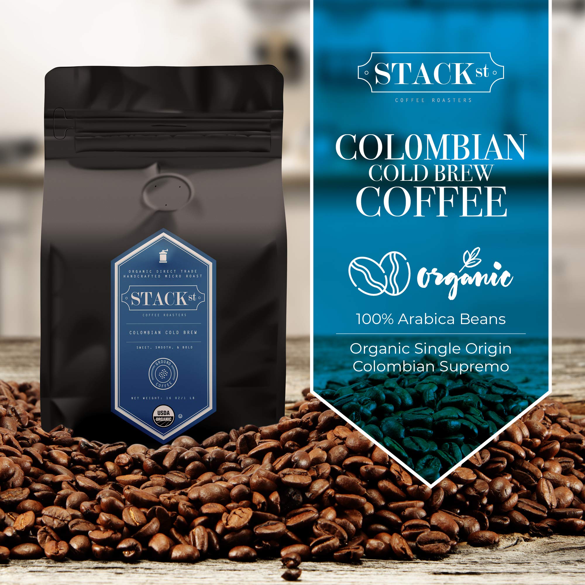 Organic Cold Brew Coffee Coarse Ground 1 LB - Colombian Supremo Reserve Dark Roast 100% Arabica Beans - Single Origin, Handcrafted, Micro Roast, Direct Trade - Perfect for Iced Coffee, French Press & Cold Brew at Home - By Stack Street