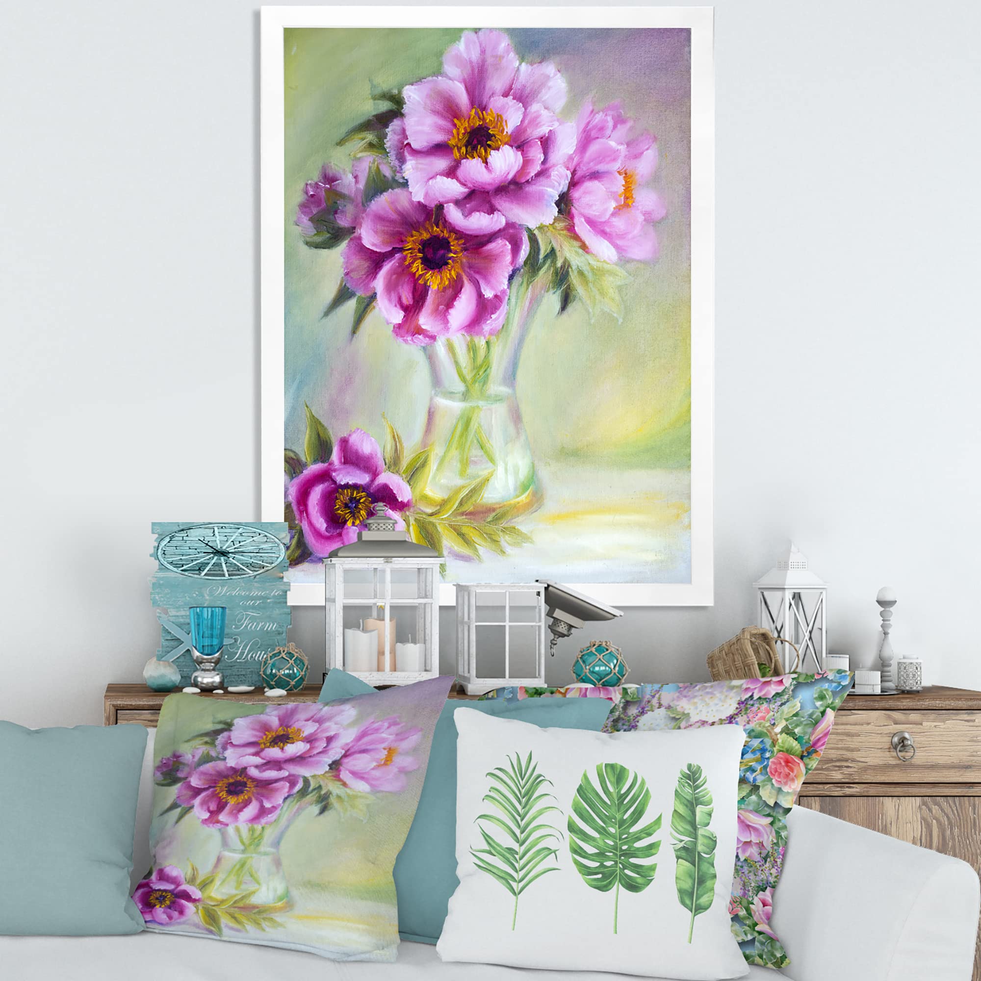 DesignQ Peonies in Vase Still Life Oil Painting - Traditional Framed Wall Art Decor for Living Room, Bedroom & Office