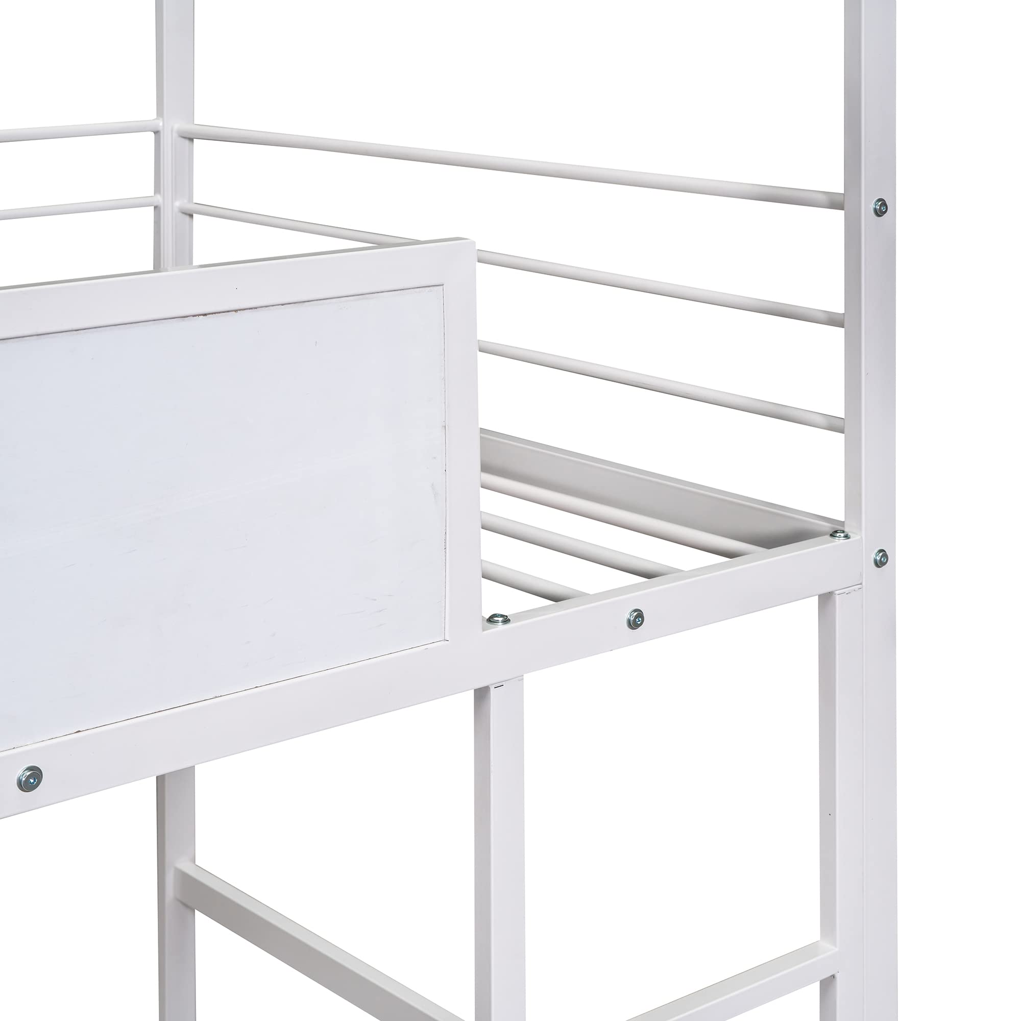 Twin Size Metal Loft Bed with Slide for Kids - Space-Saving Steel House Bed Frame with Writable Wooden Board & Roof - Easy Assembly White Bunk Bed for Boys & Girls Bedroom - Perfect for Small Rooms, Play Areas & Sleepovers