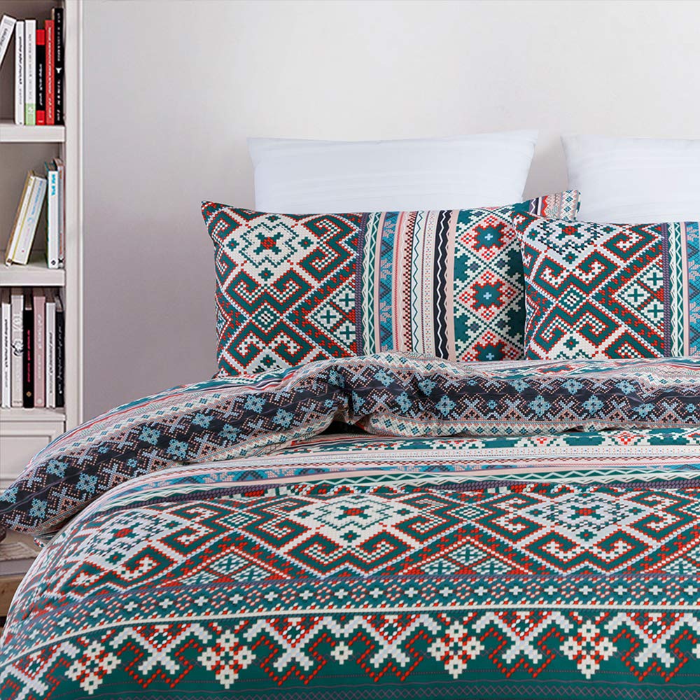 Omelas Kids Bohemian Duvet Cover Set - Twin Size, Reversible Tribal Print in Green, White & Red Stripes - Soft Microfiber Bedding for Boys & Girls - Perfect for Boho Chic Bedrooms & Kids' Room Decor