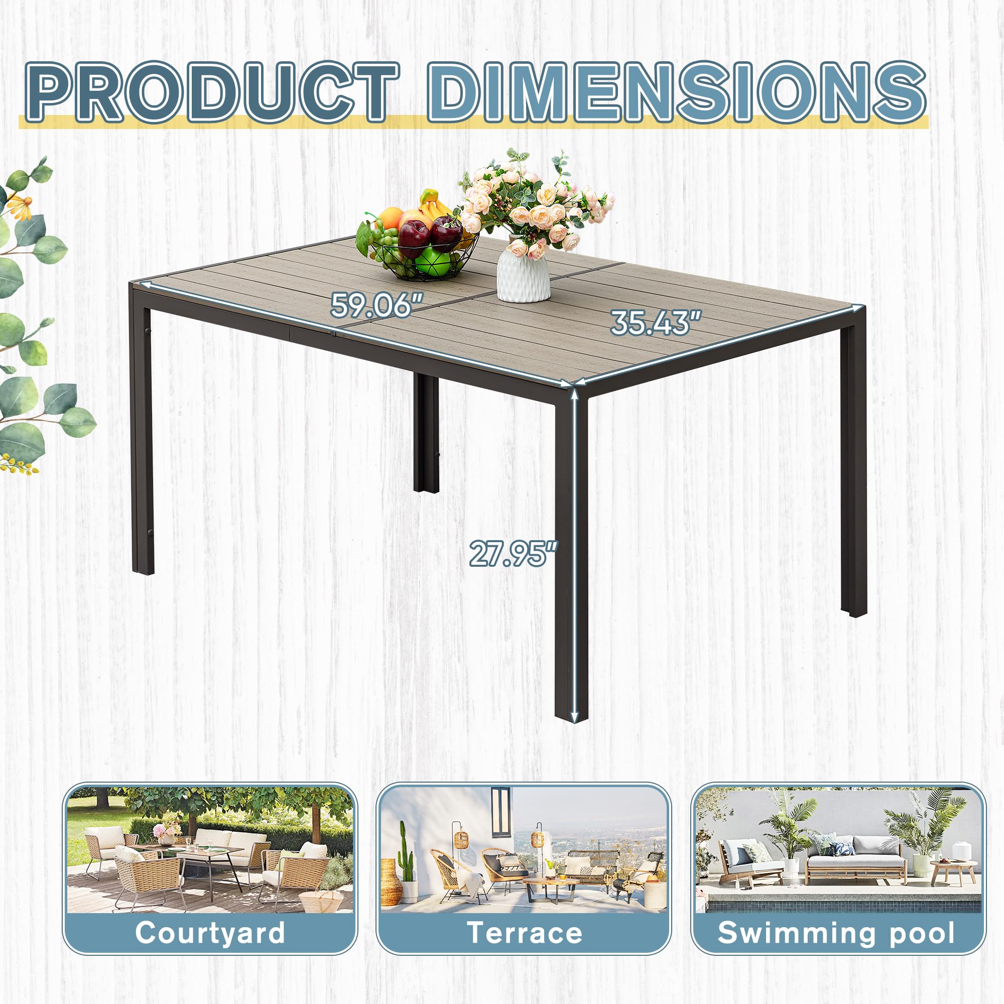Rankok 35 x 59 Inch Outdoor Dining Table for 6 - Rust-Proof Rectangular Patio Table with Metal Frame - Perfect for Garden, Balcony, Poolside, Lawn & Backyard Entertaining