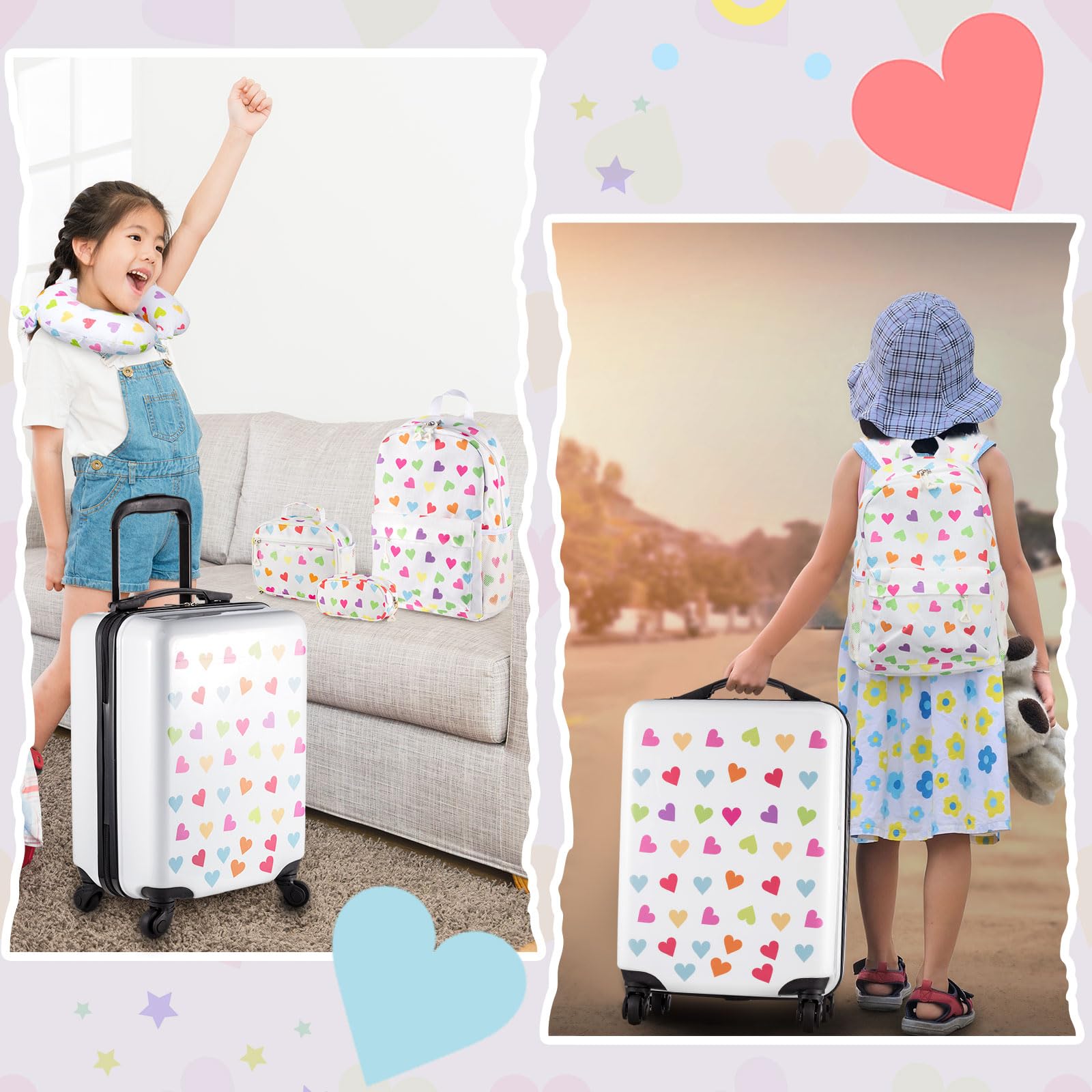 Redbaker 6-Piece Kids Luggage Set - 17 Inch Rolling Suitcase for Girls & Boys with Double Patterns, Perfect Gift for Travel (White Love Style) | Ideal for Family Vacations, School Trips & Sleepovers