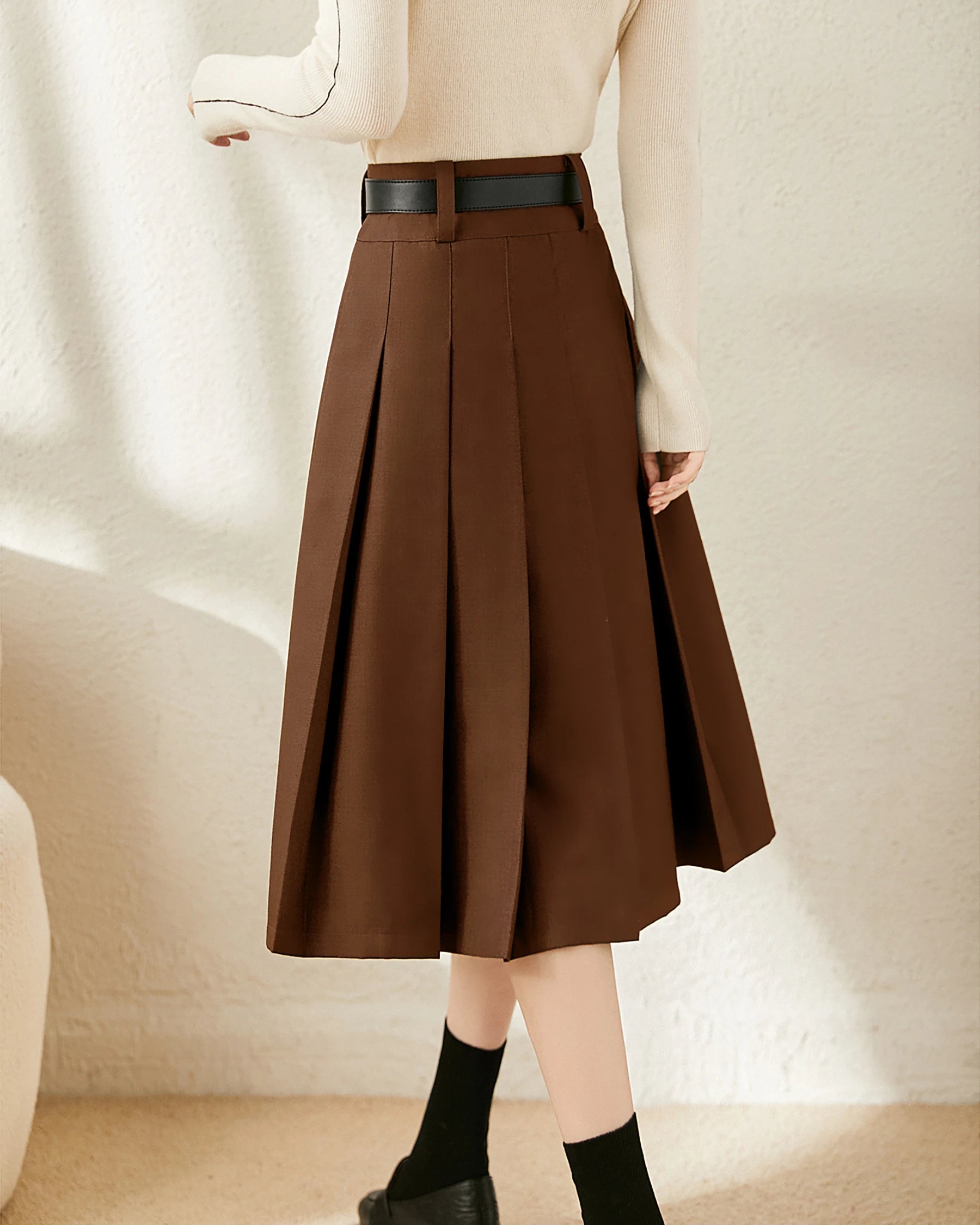 Elegant A-Line Pleated Wool Midi Skirt for Women - Winter Fashion Staple - Perfect for Office, Parties & Holiday Outfits