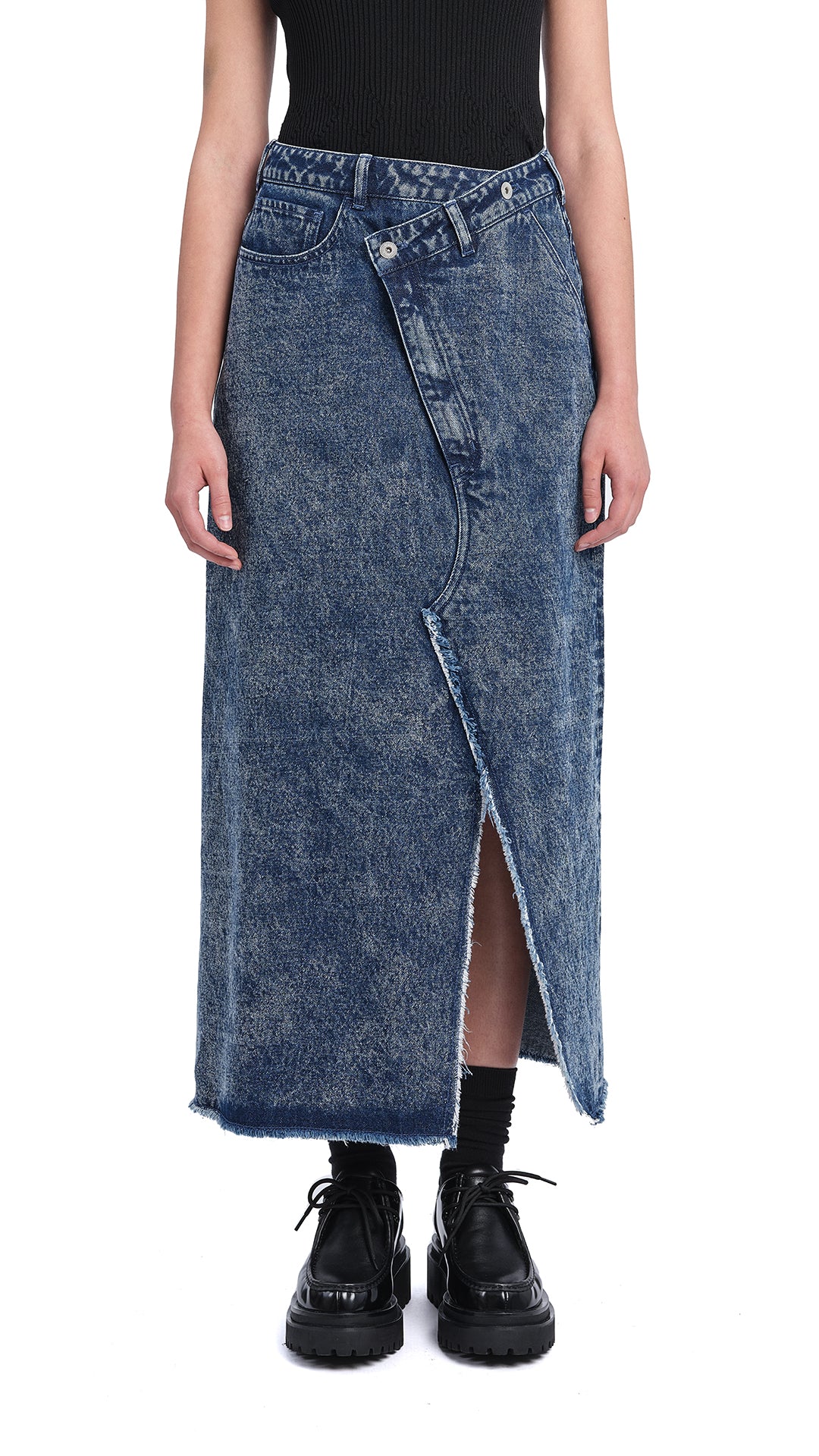 Vintage Stone Washed Denim Fishtail Skirt for Women - High Waisted A-Line Midi Skirt with Side Slits - Perfect for Casual Outfits, Date Nights & Boho Fashion