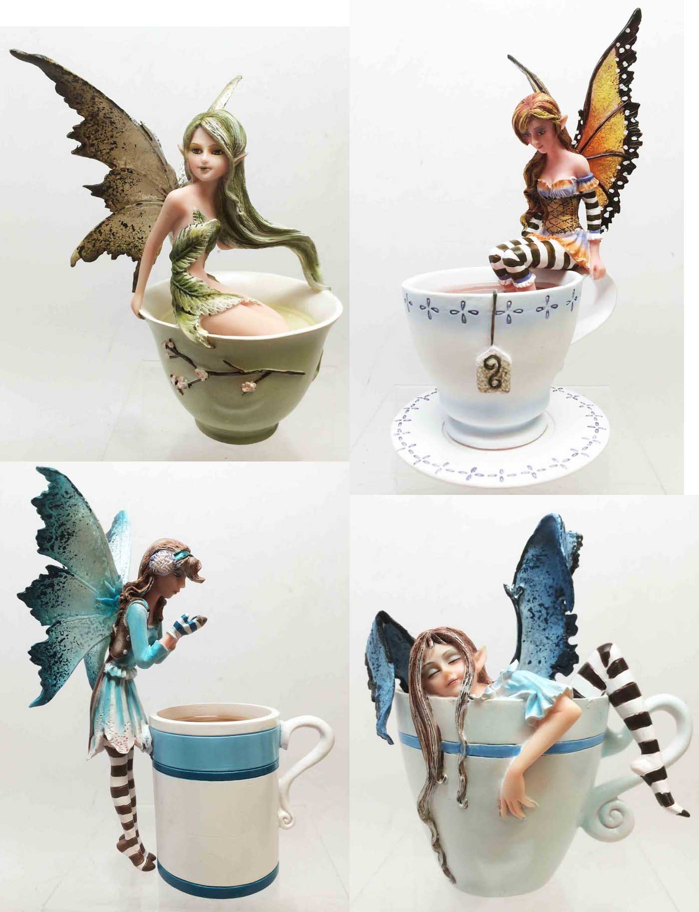 Set of 4 Amy Brown Fairy Sculptures - Green Tea, Warm Toes, Coffee & Hot Cocoa - Handcrafted Collectible Figurines for Home Decor, Gift Giving & Fairy Garden Display