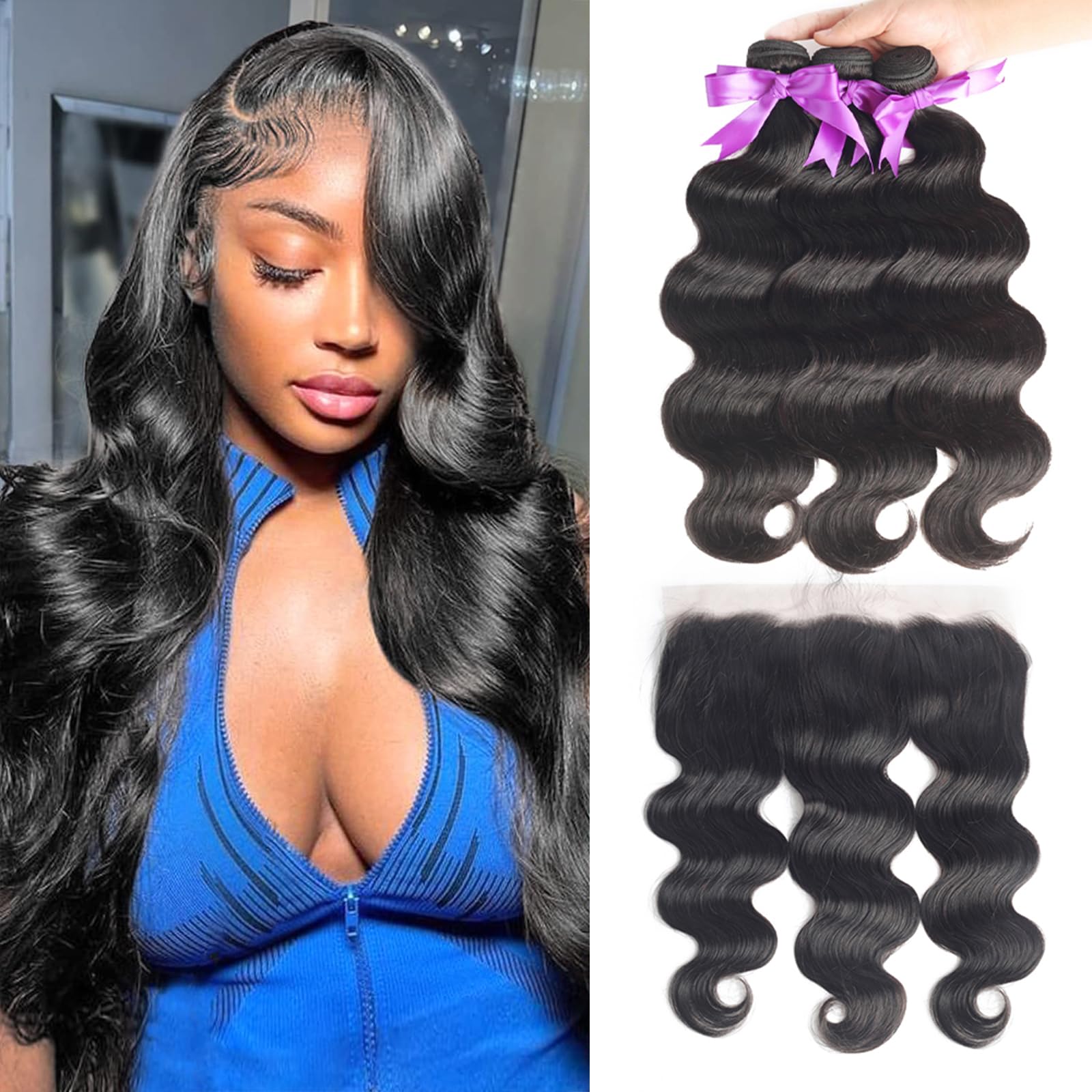 10A Virgin Brazilian Human Hair Bundles - 100% Unprocessed Body Wave 3 Bundles (24-28 inches, Black) for Weave, Extensions & Natural Hairstyles