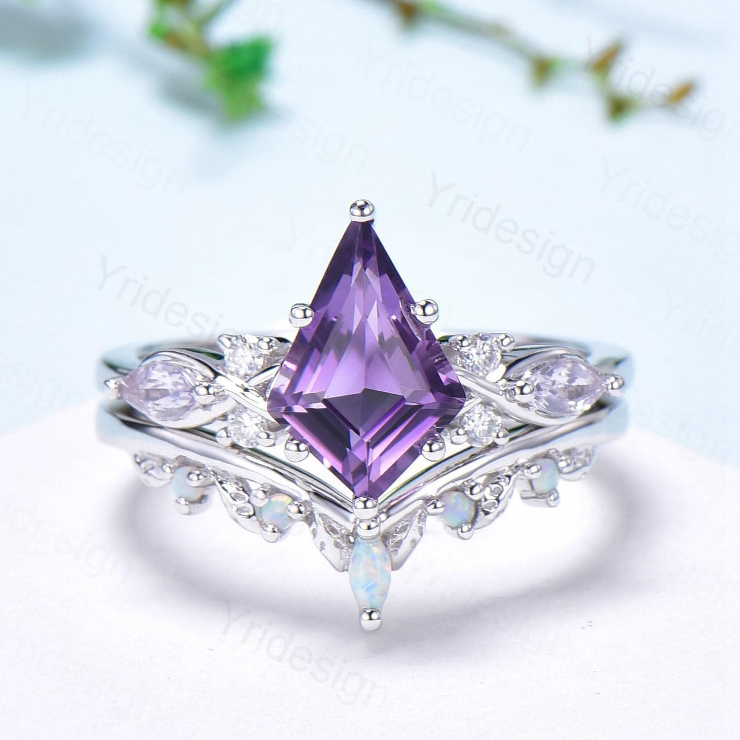 1.5CT Kite Cut Amethyst Engagement Ring Set for Women - Marquise Lavender Amethyst Wedding Band with Opal Leaf Stacking Ring - Birthstone Jewelry for Anniversary, Proposal & Special Occasions
