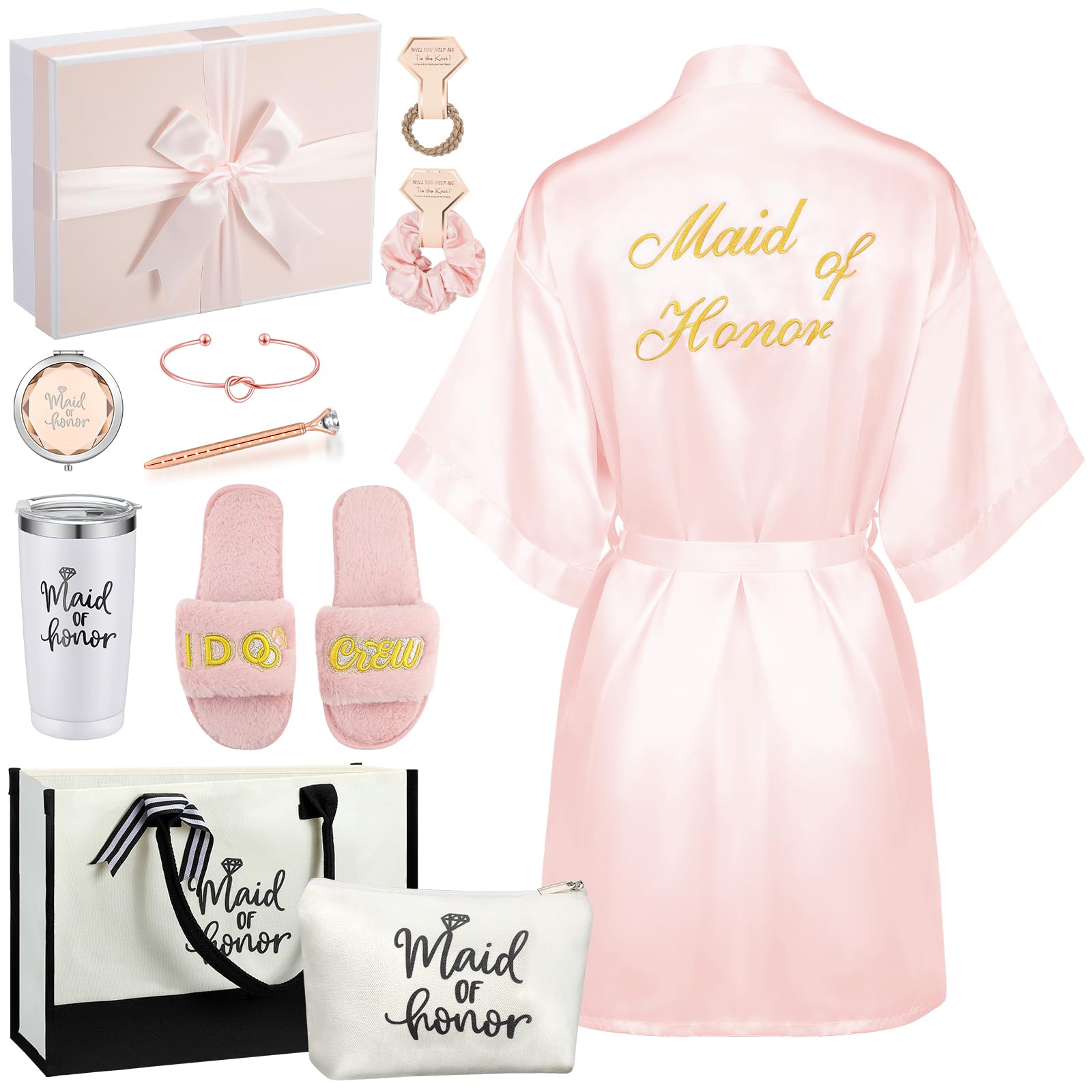 Berlune 14-Piece Bridal Gift Set - Satin Robe, Canvas Tote Bag, Stainless Steel Glasses & Slippers - Perfect Wedding Party Favors & Bridesmaid Proposal Gifts
