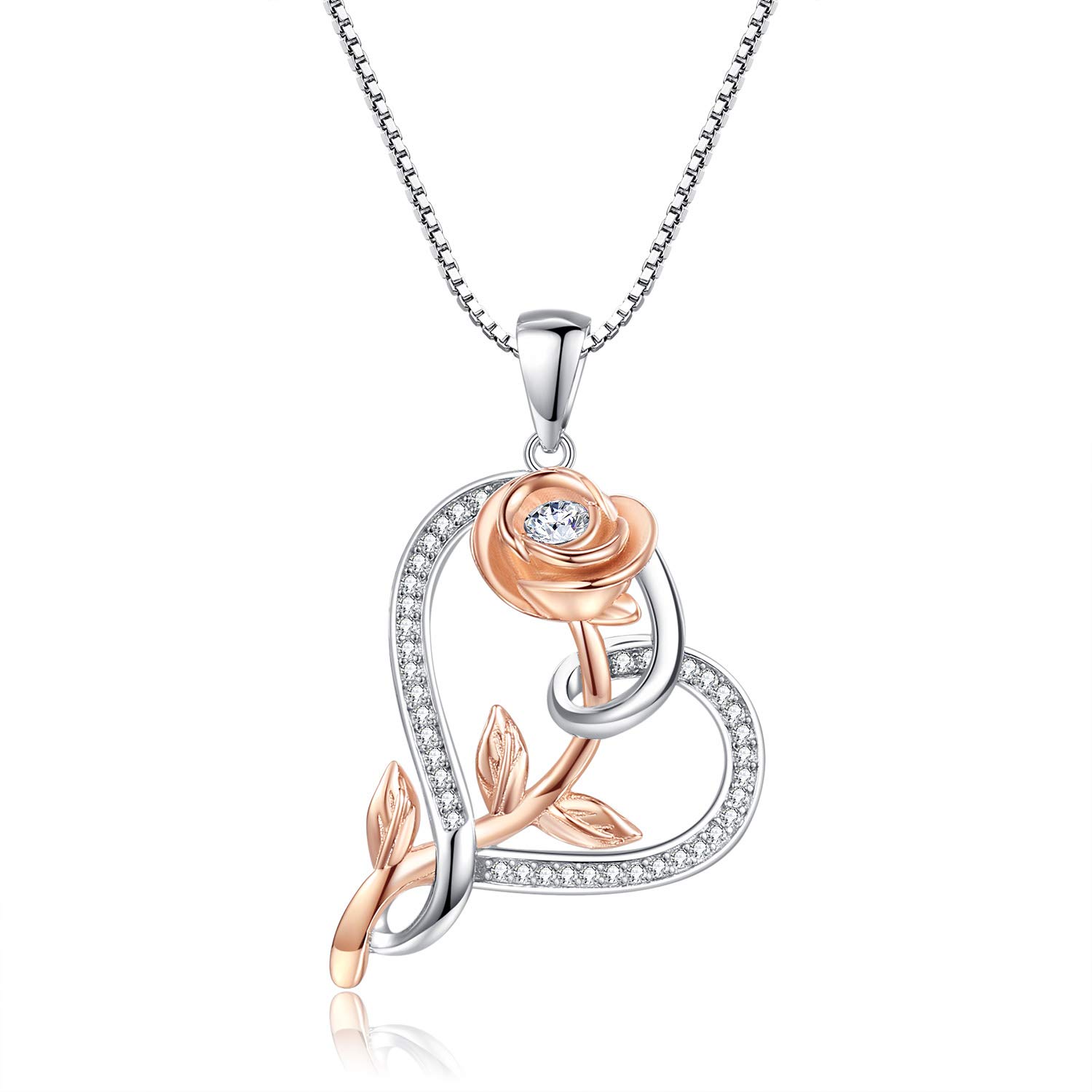 925 Sterling Silver Rose Flower Necklace for Women - Elegant Heart Pendant Jewelry Gift for Wife, Mom, Girlfriend, Grandma - Perfect for Birthday, Mother's Day, Anniversary & Valentine's Day Gifts