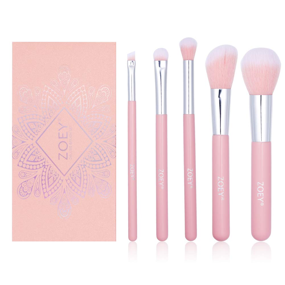 5-Piece Premium Makeup Brush Set - Synthetic Foundation, Eyeshadow & Concealer Brushes for Beginners | Essential Cosmetic Tools with Travel Pouch (Ideal for Daily Makeup, Travel & Professional Use) - Pink