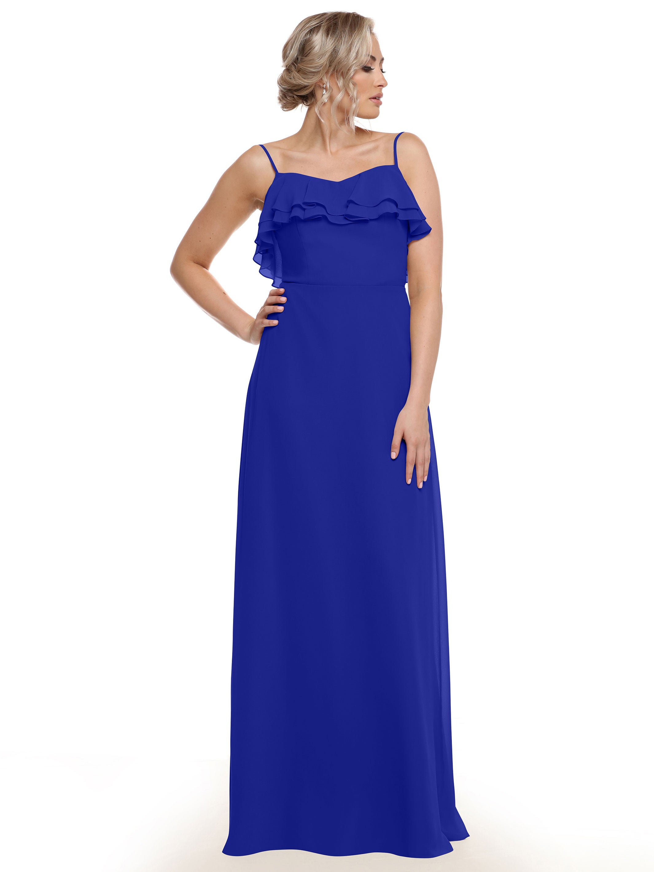 Elegant 80146 Sheath Chiffon Bridesmaid Dress with Ruffled Neckline - Perfect for Weddings, Formal Events & Special Occasions