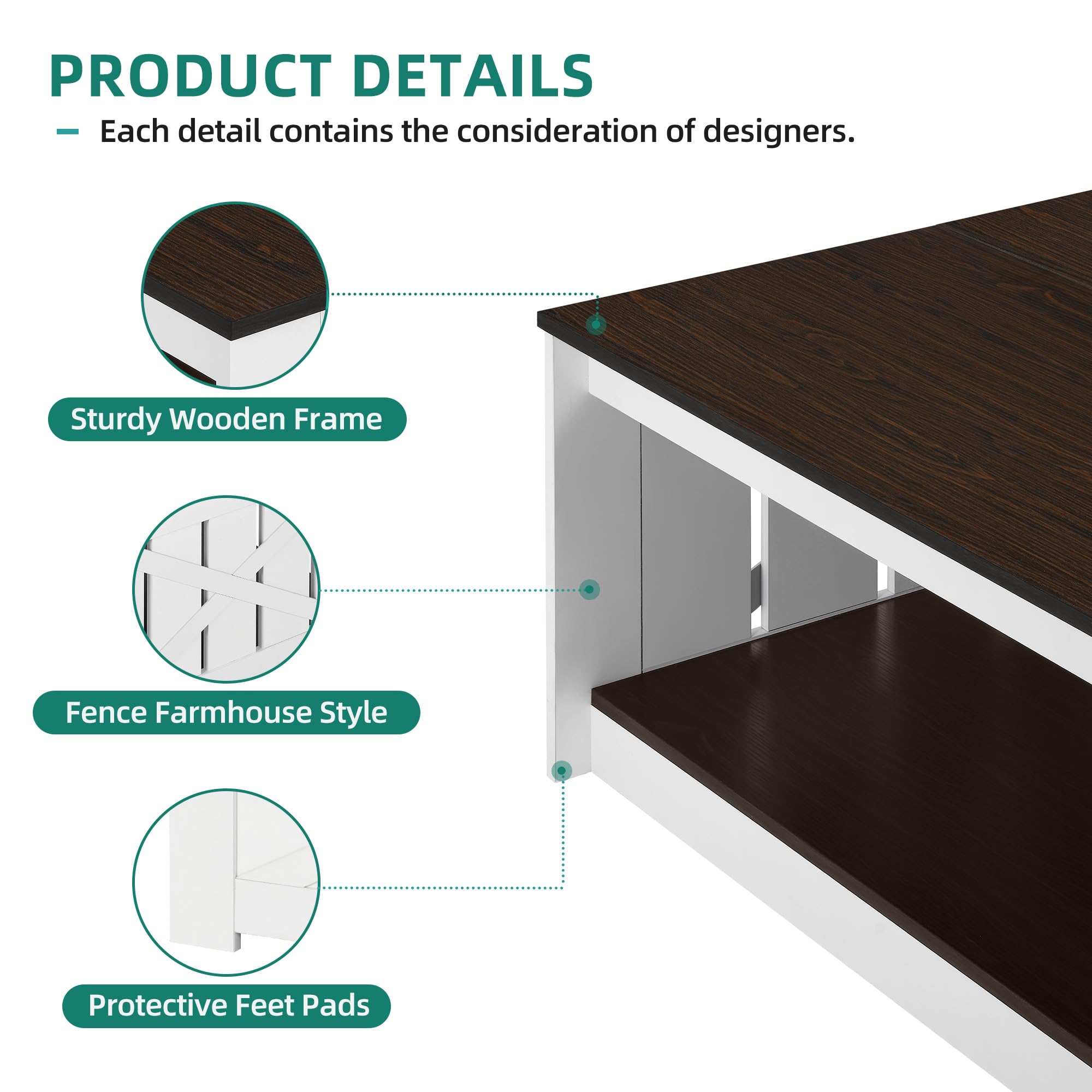 Rustic Farmhouse Coffee Table with Storage - Solid Wood Square Cocktail Table for Living Room & Meeting Room, Half Open Storage Compartment, Deep Brown - Perfect for Home Decor & Small Space Organization