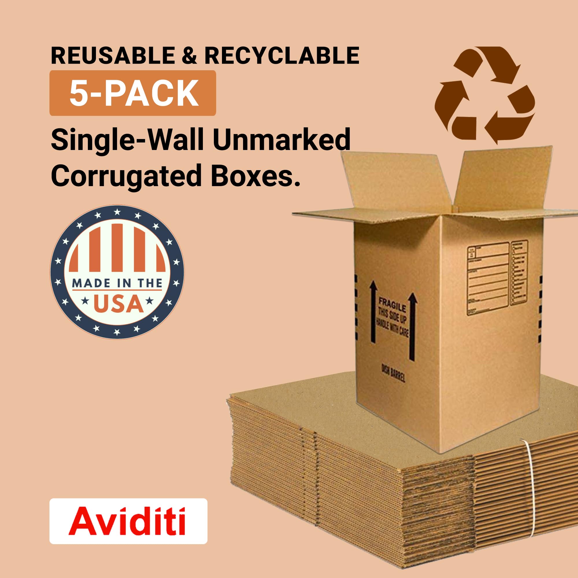 AVIDITI Small Corrugated Cardboard Shipping Boxes 18x18x28 Inches - 5 Pack for Packing, Moving, Storage | Perfect for Ecommerce, Home & Office Organization