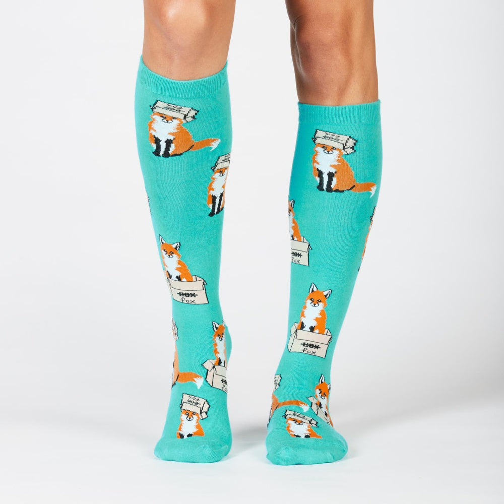 Foxes in Boxes Knee High Socks for Women - Fun & Comfortable Novelty Socks - Perfect for Cosplay, Gifts, and Everyday Wear