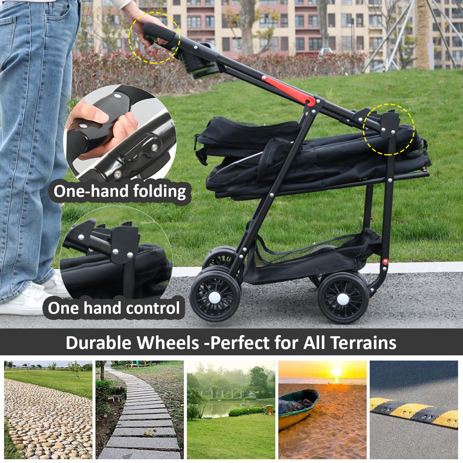 Premium 4-Wheel Pet Stroller for Small & Medium Dogs & Cats Up to 30lbs - Foldable Design with Storage Basket & Cup Holder (Black) - Perfect for Vet Visits, Shopping Trips & Outdoor Adventures