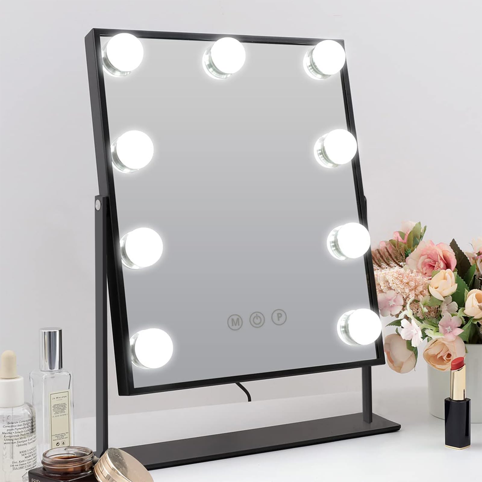 Hansong 9-LED Lighted Vanity Mirror with 10X Magnification - 360° Rotating Hollywood Makeup Mirror with Detachable Mirror & Adjustable Brightness for Professional Makeup, Skincare, and Grooming at Home or Salon