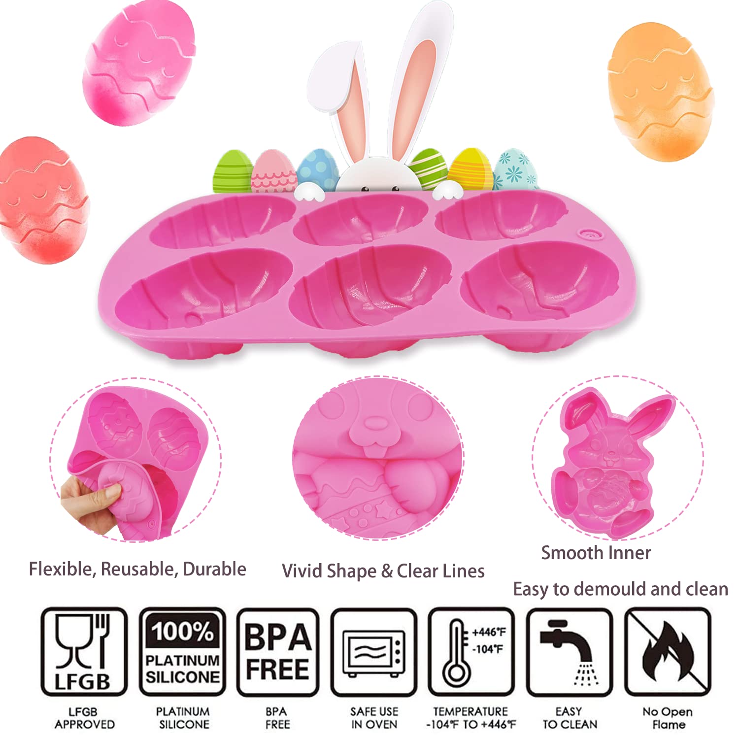 3Pcs Large Bunny Silicone Mold Set - 3D Rabbit Easter Egg Cake Chocolate Candy Jello Cocoa Bombs Baking Molds with 2 Wooden Hammers - Perfect for Easter Decorations, DIY Desserts & Holiday Baking