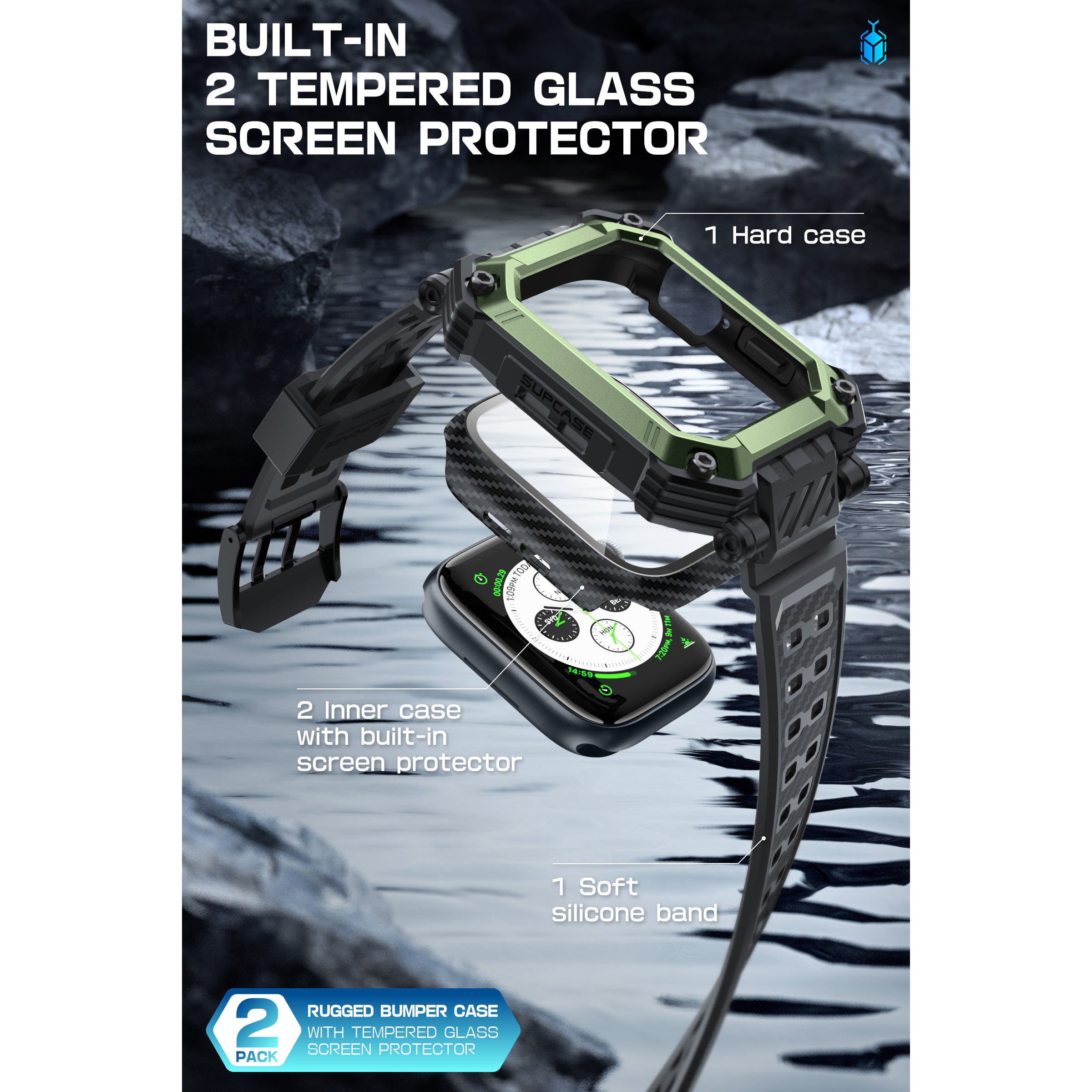 Apple Watch 45mm Unicorn Beetle PRO Rugged Case with Tempered Glass Screen Protector - Dark Green | Shockproof Protective Cover for Outdoor Sports & Active Lifestyle