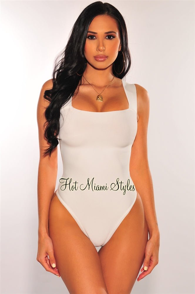 White Square Neck Straps Bandage Bodysuit - Sexy Slim Fit Stretchy Bodysuit for Women | Perfect for Clubbing, Date Night & Layering Under Blazers