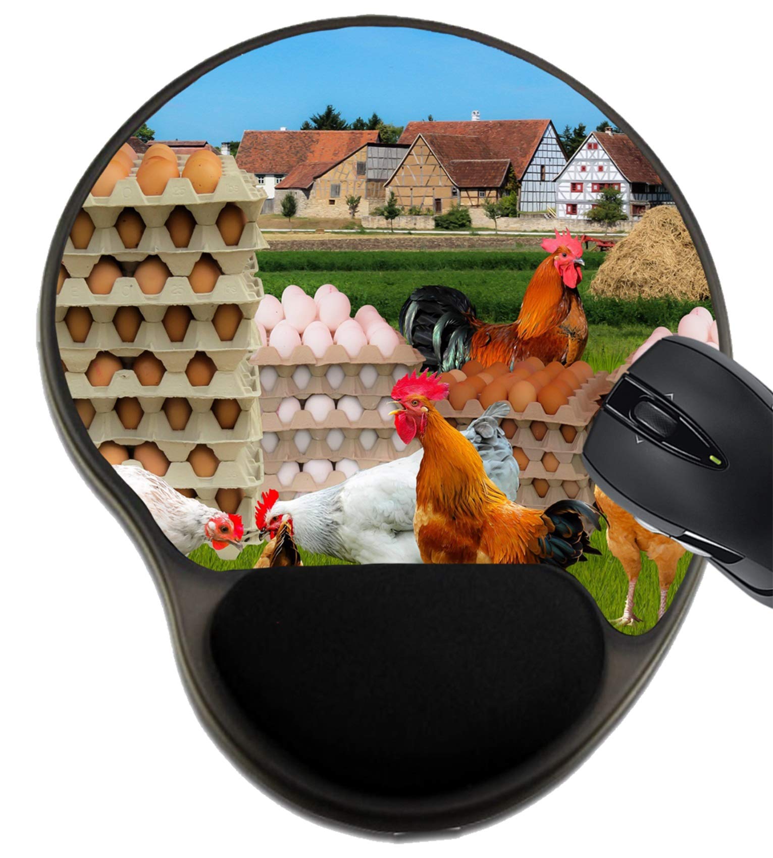 MSD Ergonomic Mouse Pad with Wrist Support - Comfortable Gaming & Office Mouse Mat Featuring Chicken Farm Poultry Design (Green/Brown) - Perfect for Computer Work, Gaming, and Long Hours Typing