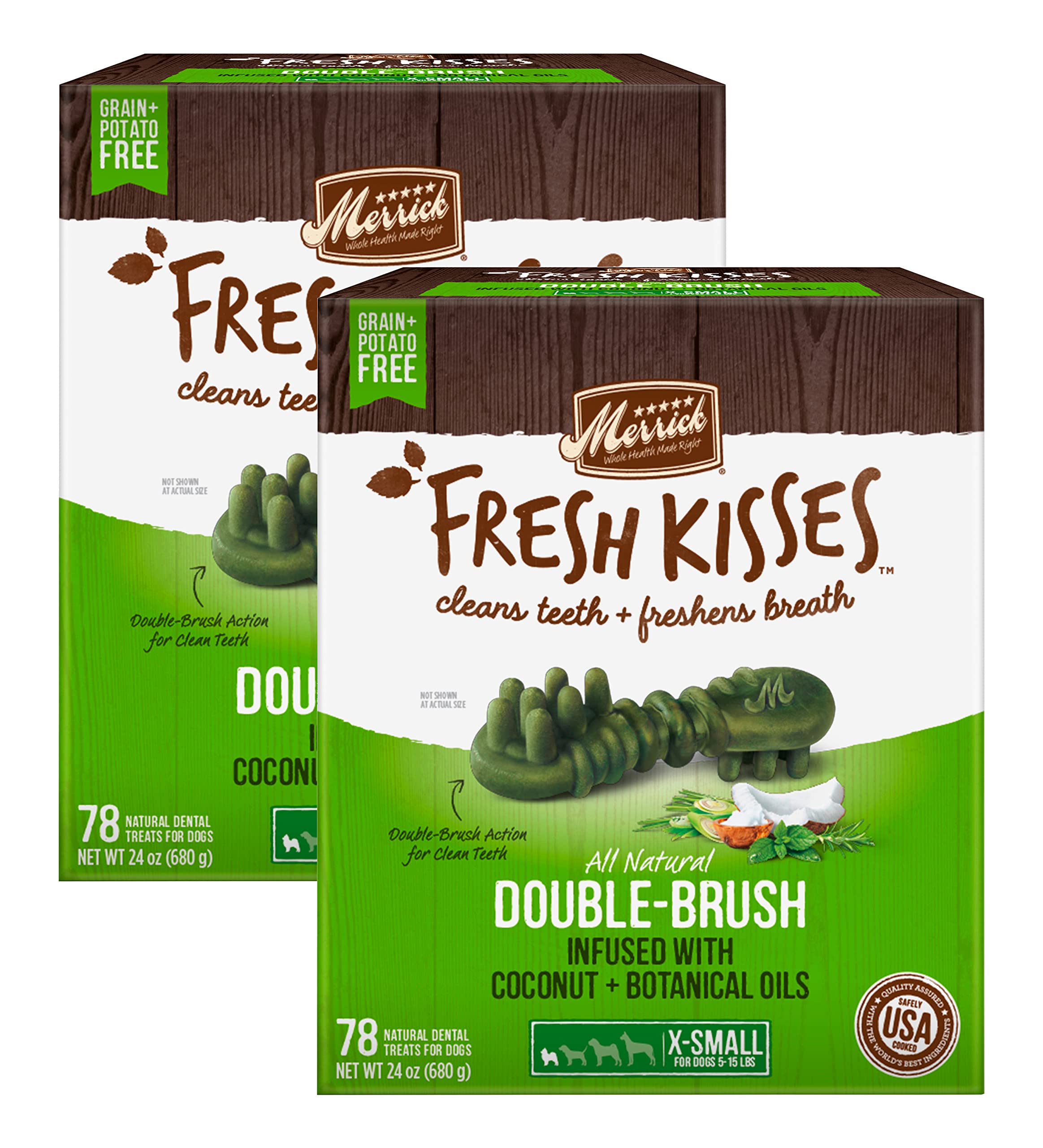 Merrick Fresh Kisses Double-Brush Dental Dog Treats for Small Dogs - Coconut & Botanical Oil Infused Teeth Cleaning Chews - 78 Treats per Pack (Pack of 2) - Freshens Breath & Promotes Oral Health for Puppies and Toy Breeds
