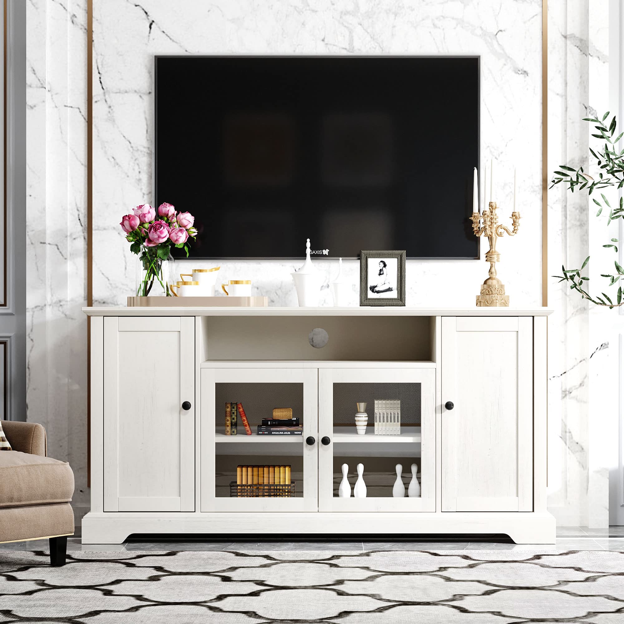 65 Inch TV Stand with 2 Tempered Glass Doors & Adjustable Shelves - Modern Wood Entertainment Center with Storage Cabinet for Living Room, Bedroom - Perfect for TV, Gaming Consoles & Media Storage (White)