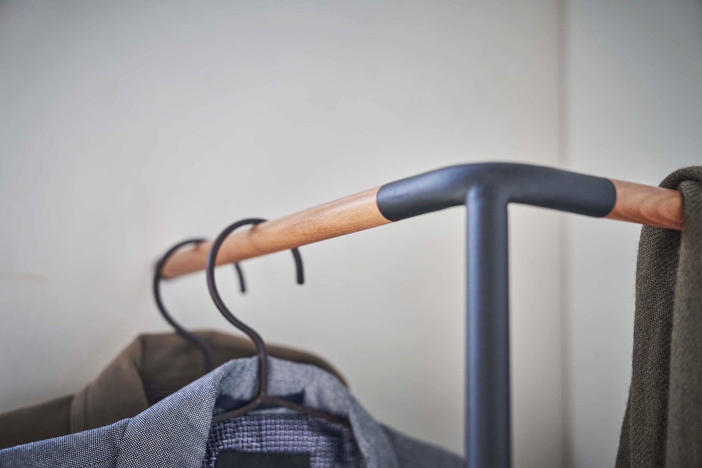 Corner Leaning Coat Hanger - 63 Inches Tall, Sturdy Steel Frame with Wooden Hooks - Space-Saving Wall Mounted Clothes Rack for Bedroom, Entryway or Closet Organization