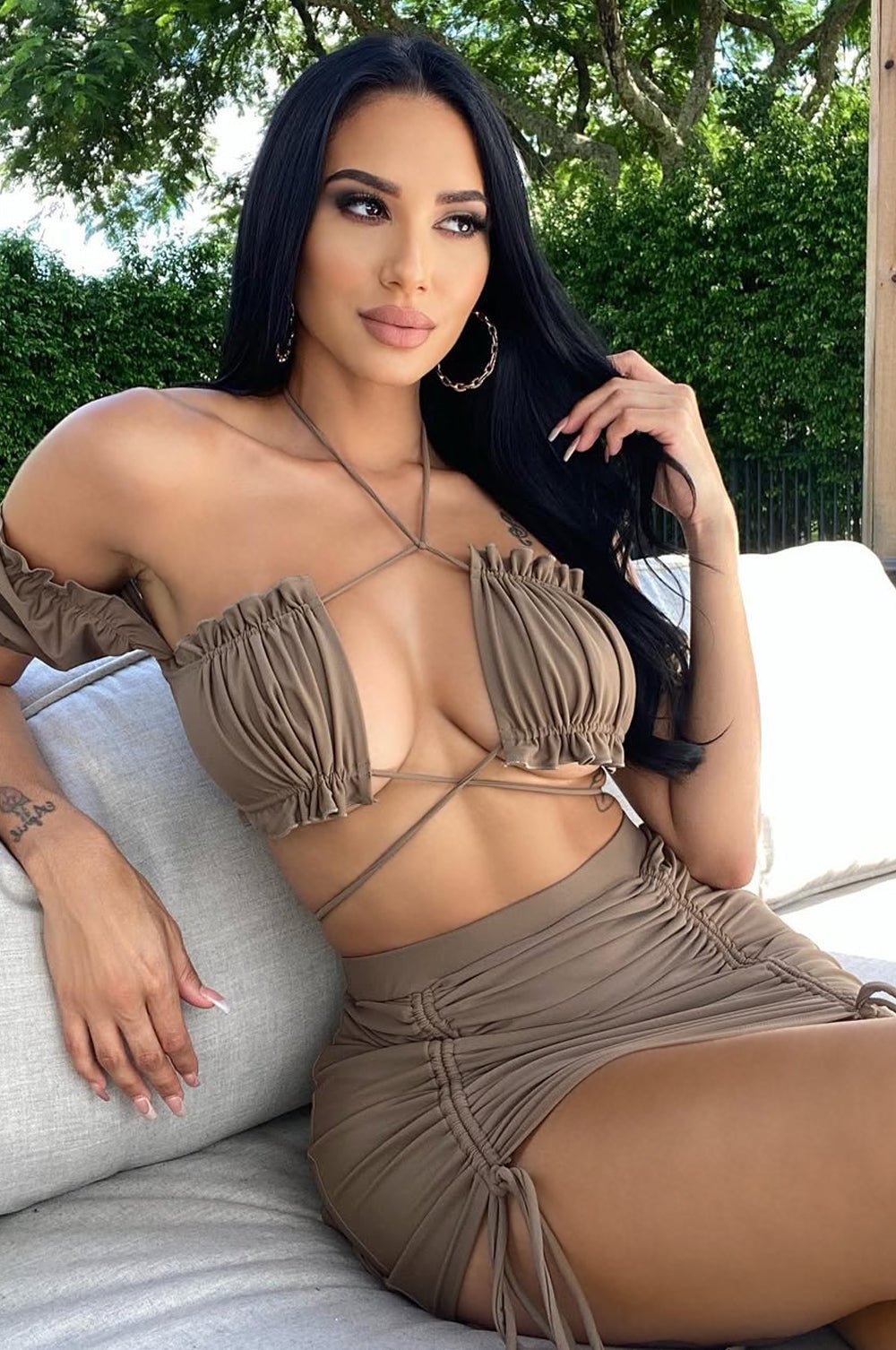 Brown Off Shoulder Frill Tie Up Ruched Skirt Two Piece Set - Women's Summer Outfits for Beach, Party & Date Night