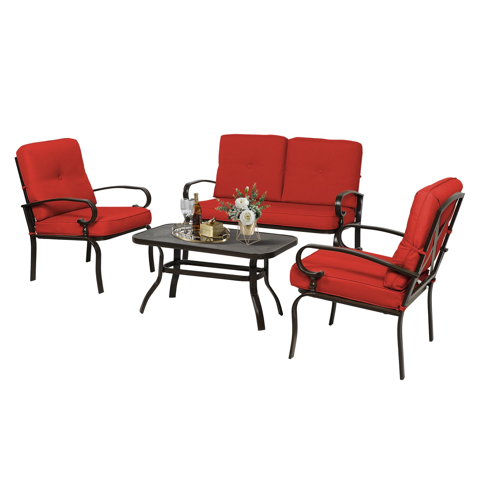 4-Piece Outdoor Metal Patio Furniture Set - Wrought Iron Loveseat, 2 Chairs & Coffee Table with Cushions - Red Conversation Set for Garden, Lawn, Front Porch - Perfect for Relaxing & Entertaining Outdoors