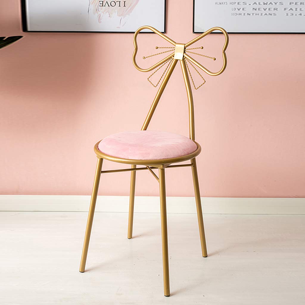 Elegant Pink Flannel Dressing Table Makeup Chair with Creative Butterfly Tie Backrest - Golden Wrought Iron Stool for Bedroom, Lounge & Reading | Perfect Vanity Seat, Dining Chair & Home Decor Accessory