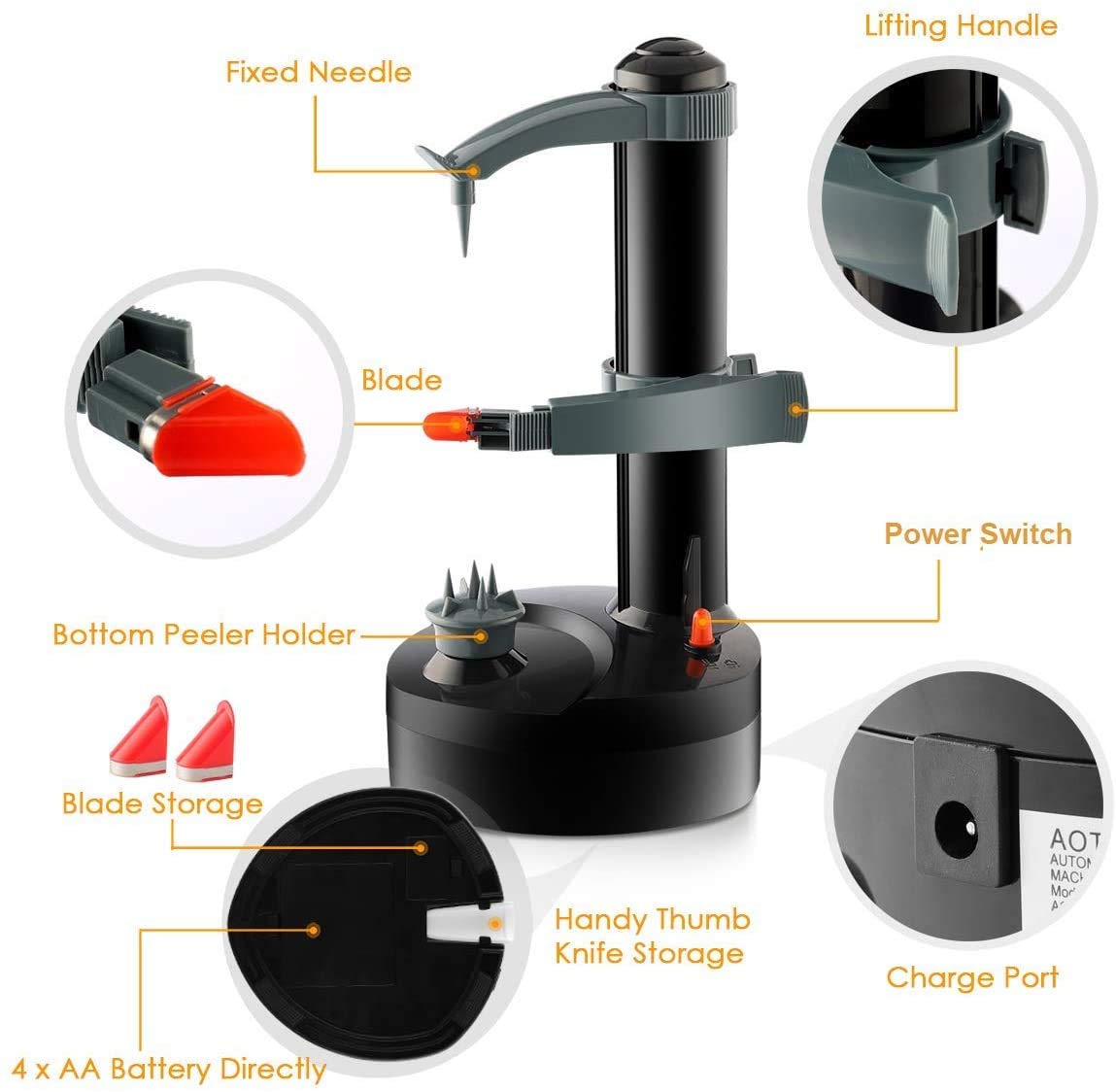 Electric Potato Peeler - Automatic Rotating Stainless Steel Vegetable & Fruit Peeler for Potatoes, Apples, Carrots - Kitchen Peeling Tool (Black) | Perfect for Home Cooking, Meal Prep & Commercial Kitchens