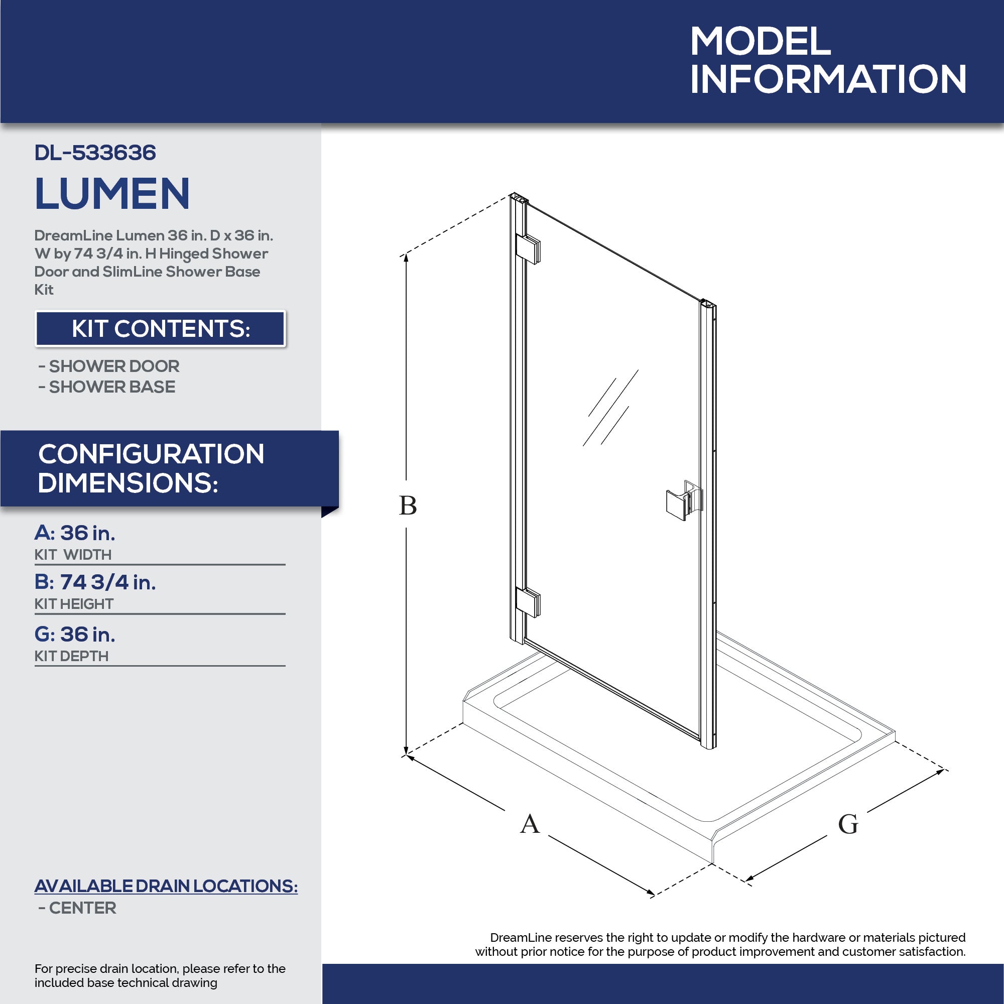 DreamLine Lumen 36x36x74.75 Inch Hinged Shower Door & Base Kit - Frameless Glass Enclosure for Modern Bathrooms, Perfect for Small to Medium Spaces