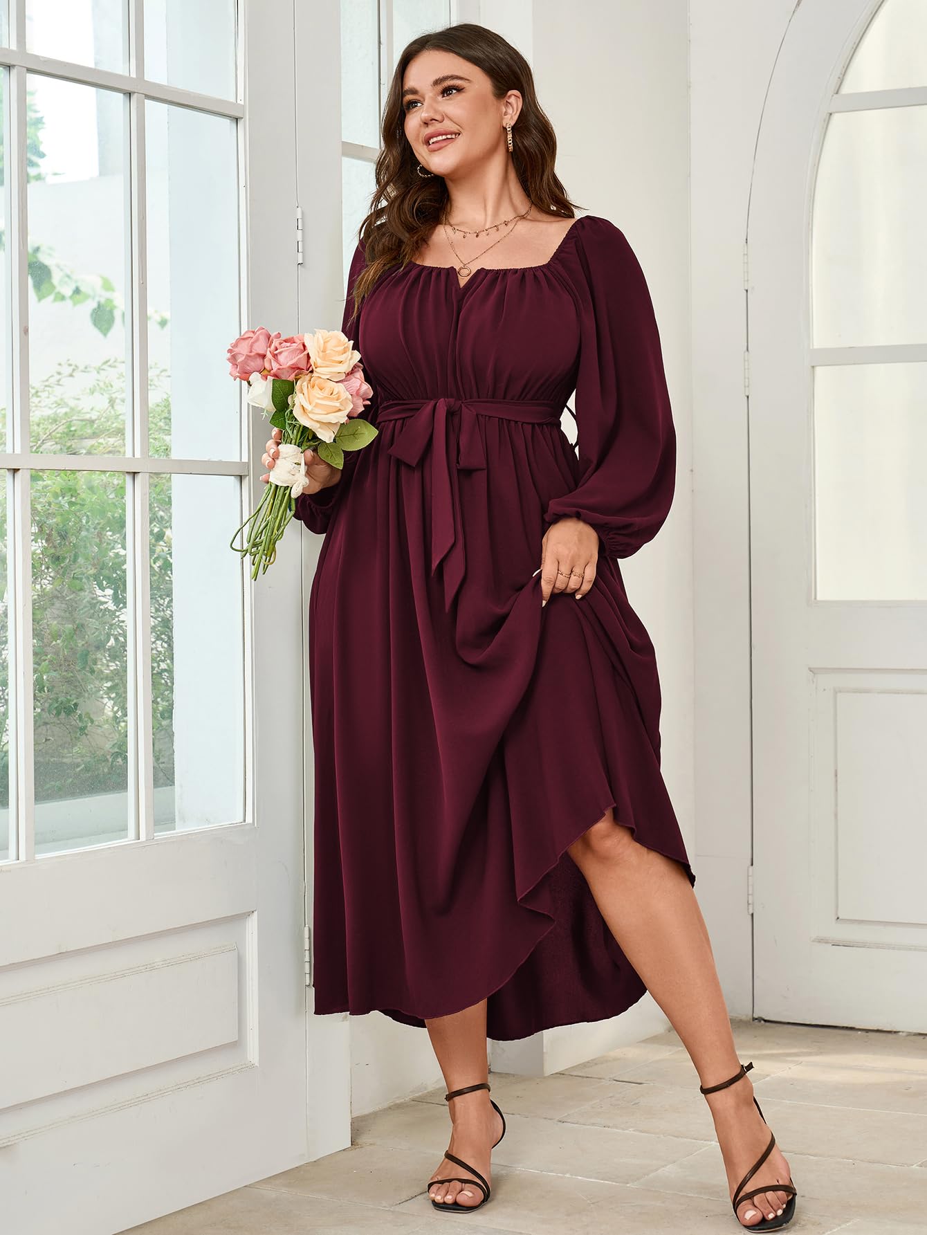Elegant Plus Size Maxi Dress for Women - Long Sleeve Square Neck Wedding Guest Cocktail Dress with Belt, Flowy A-Line Design | Perfect for Weddings, Parties & Special Occasions