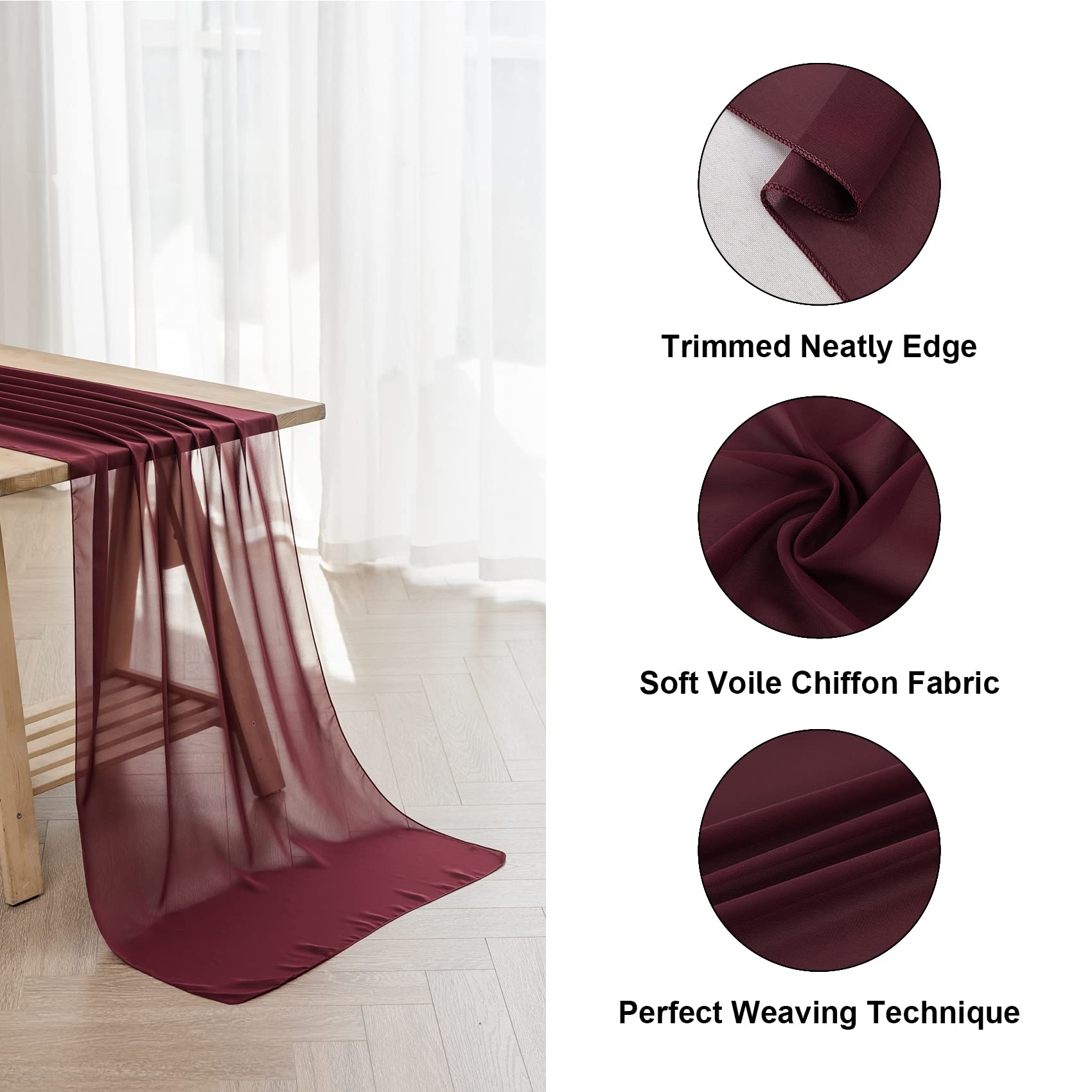 2-Pack Burgundy Chiffon Table Runners 29x120 Inches - AILITI Sheer Gauze Wedding Table Decor for Romantic Bridal Showers, Baby Showers & Birthday Parties - Perfect for Cake Tables, Buffet Displays & Rustic Event Decorations