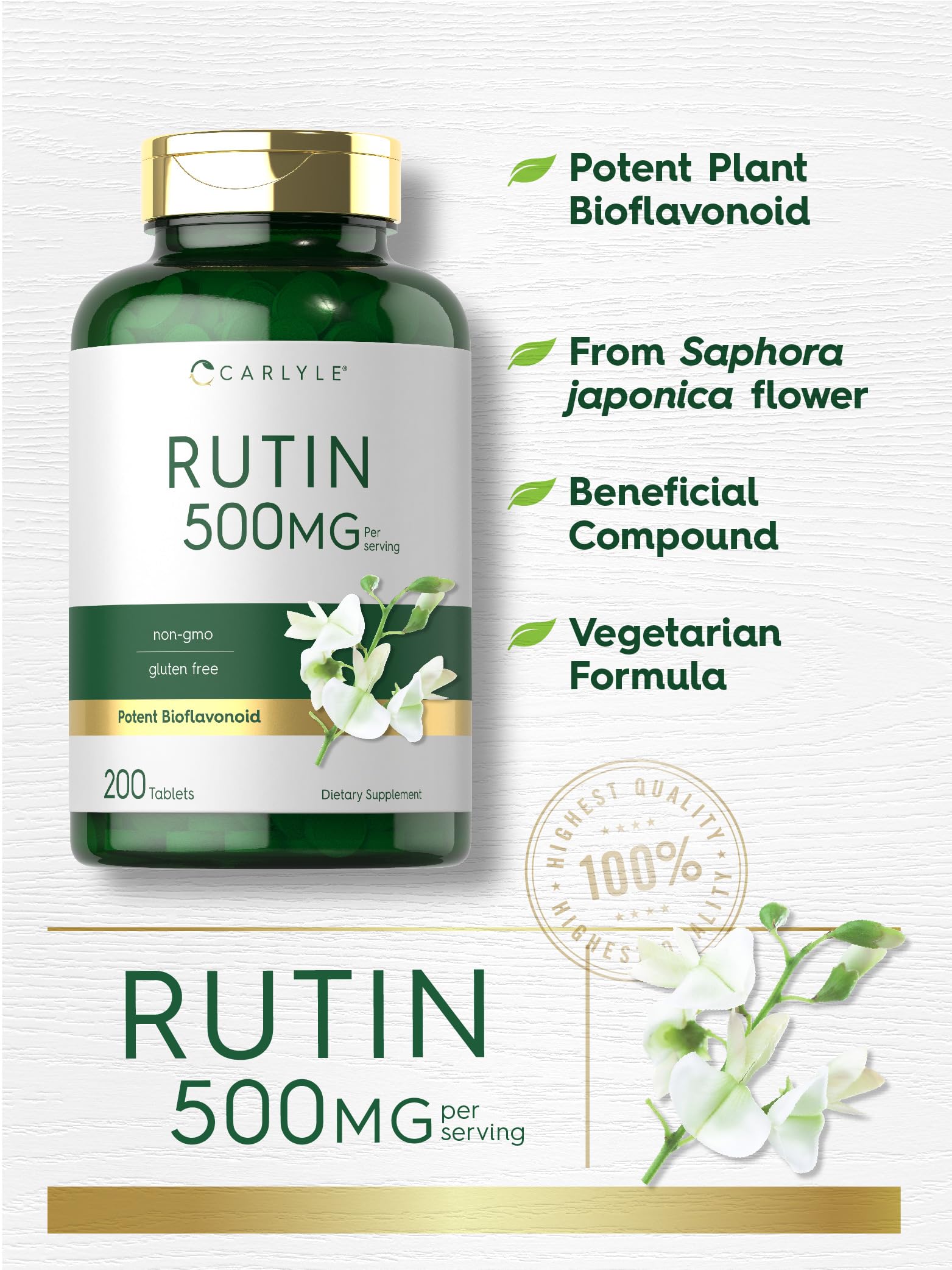 Carlyle Rutin 500mg Supplement | 200 Vegetarian Tablets | Non-GMO, Gluten Free | Supports Circulation & Vascular Health for Active Lifestyles