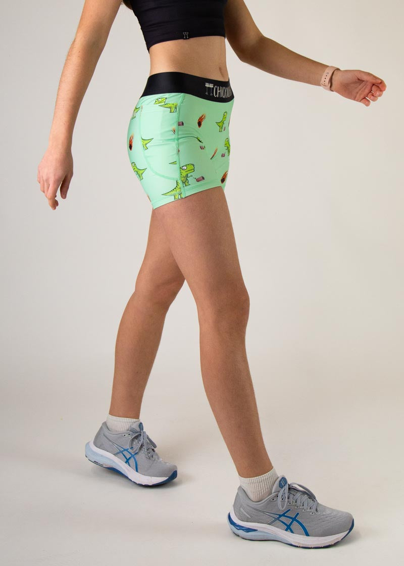 Women's High Waist Dinosaur Print 3-Pack Compression Shorts - Workout, Running, Yoga & Gym Activewear